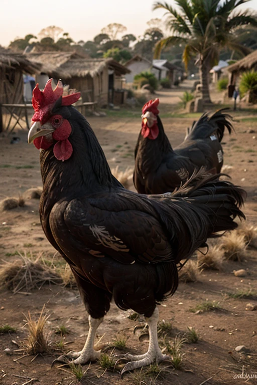 realistic photo of a black and white solo rooster with a red comb and wattle, in a African village setting