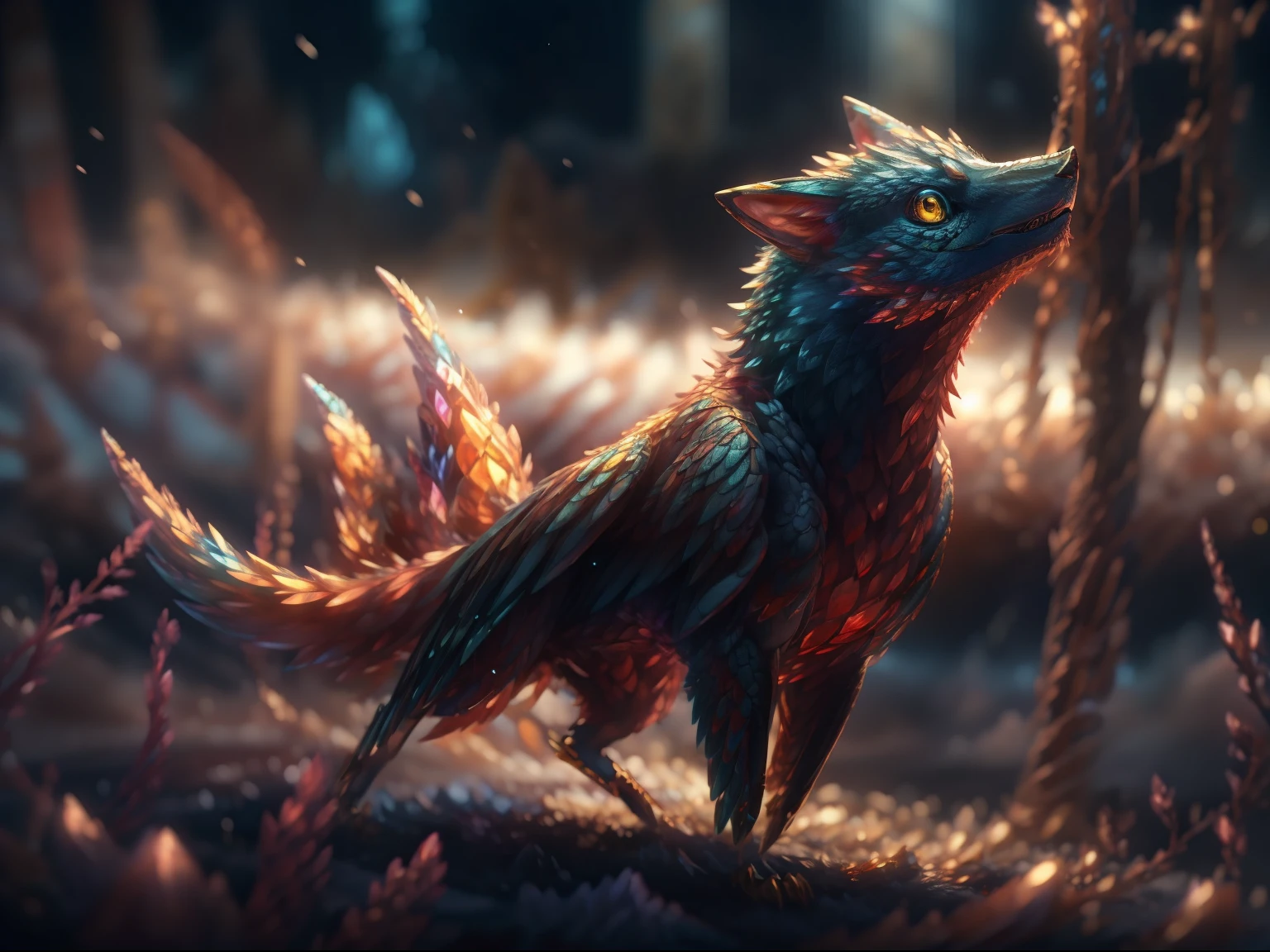 Fantastic Beasts concept art, colorful crystal glass nine-tailed fox mythical beast design with sparkling tail, ancient Chinese mythology, luck cloud background beast, glowing yellow eyes, epic HD CG rendering, majestic, lifelike, aqua blue like the sea, reflection, cinematic post-processing, lots of fine detail, depth of field, surrealism and cyberpunk style, octane rendering, fantasy engineering 32K,