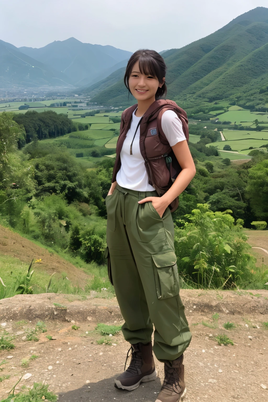 masterpiece、最hightquality、hightquality、超hightquality、very_high_resolution、large_filesize、fulcolor、ultra-detailliert、dishevled hair、8K、 1girl in、Absurd face、 The stage of destruction is the mountains of Japan々で、Slender tree々and bushes grow abundantly、There is a mountain trail、I can hear the sound of quietly flowing water。In an untouched area where no one has set foot yet.、space for creating a campsite々There is an area where、 Destroy Haruka Fukuhara、 A 20-year-old female pioneer appears、bob cut and east asian style、 Her appearance is as follows、 美丽的面容、女優、Narrow face、distinct features、Dark brown eyes、Almond eyes、slightly droopy eyes、Straight hair、lovely smile、 She is about 165cm tall、lean athletic physique、medium chest、Medium hair、 her eyes are dark and focused、 She is wearing a brown vest over a green shirt、wearing cargo pants。 she wears sturdy hiking boots、 Break There are birds and animals wandering around her、 There are mountains in the background、Farmland can be seen in the distance。