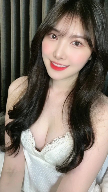 (realistic, high resolution:1.3), 1 girl with perfect figure, smile, ((pale white skin:1.3)) ,(gigantic breasts:1.3), looking at viewers, super fine face and eyes, long hair, white transparent lace veil , in bedroom, sit on the bed, , exposed cleavage, upper body, half body