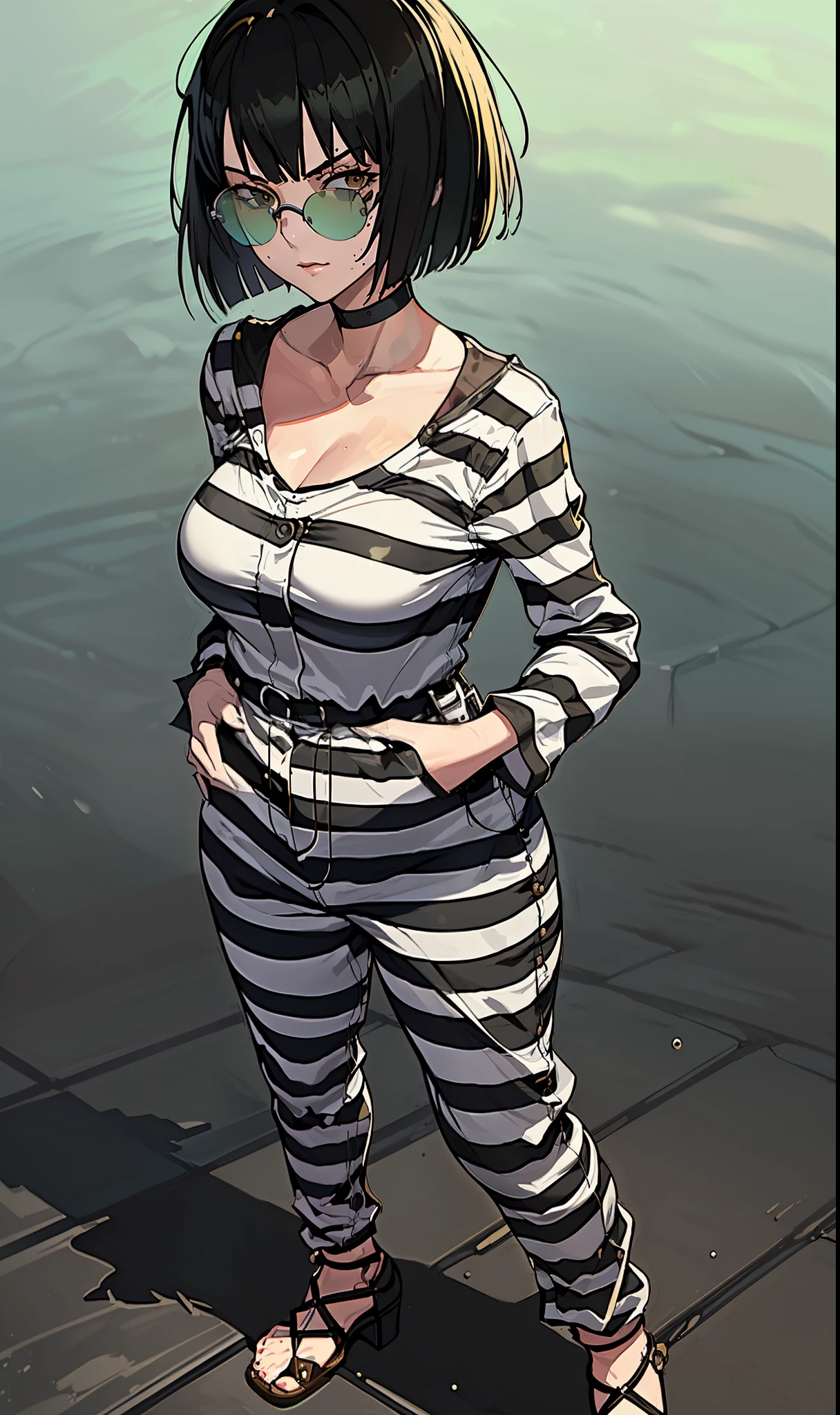 masterpiece:1.3), ((best quality:1.3), I-no, 1girl, tinted eyewear, breasts, short hair, black hair, solo, choker, mole above mouth, sunglasses, ((priclothes)), ((striped clothes)), prisoner, shirt, pants, (long sleeves), full body, arms crossed, black and white stripes, ((jumpsuit)), v neck