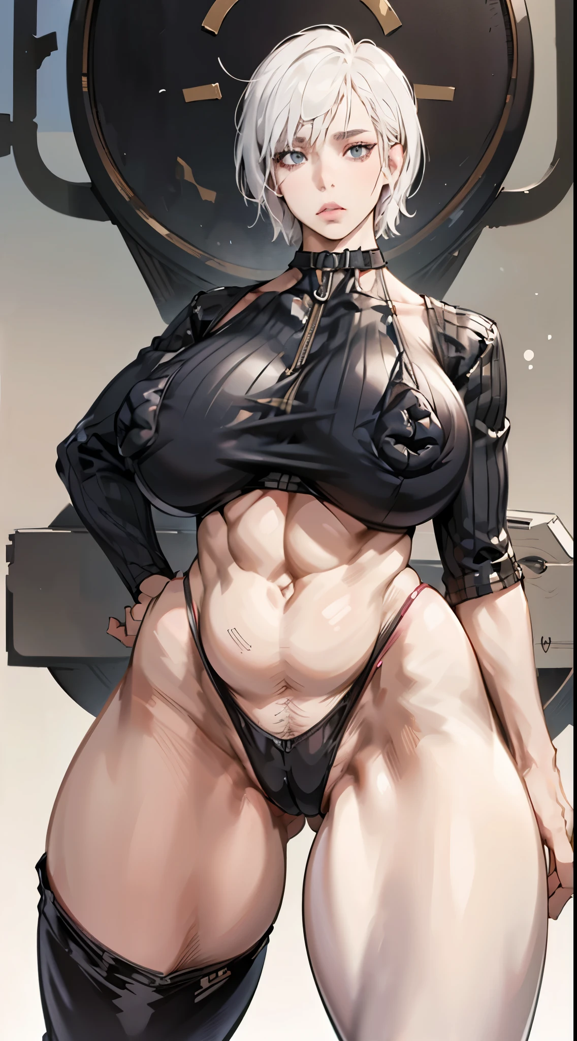 White hair , short hair, pinched eyes, (big-tits:1.5) , Thin legs, thin body, leather collar, Black bikini, View from below, (wide-hips:1.6), Thin waist, Very thin waist, Perfect face, delicate face, Kneeling