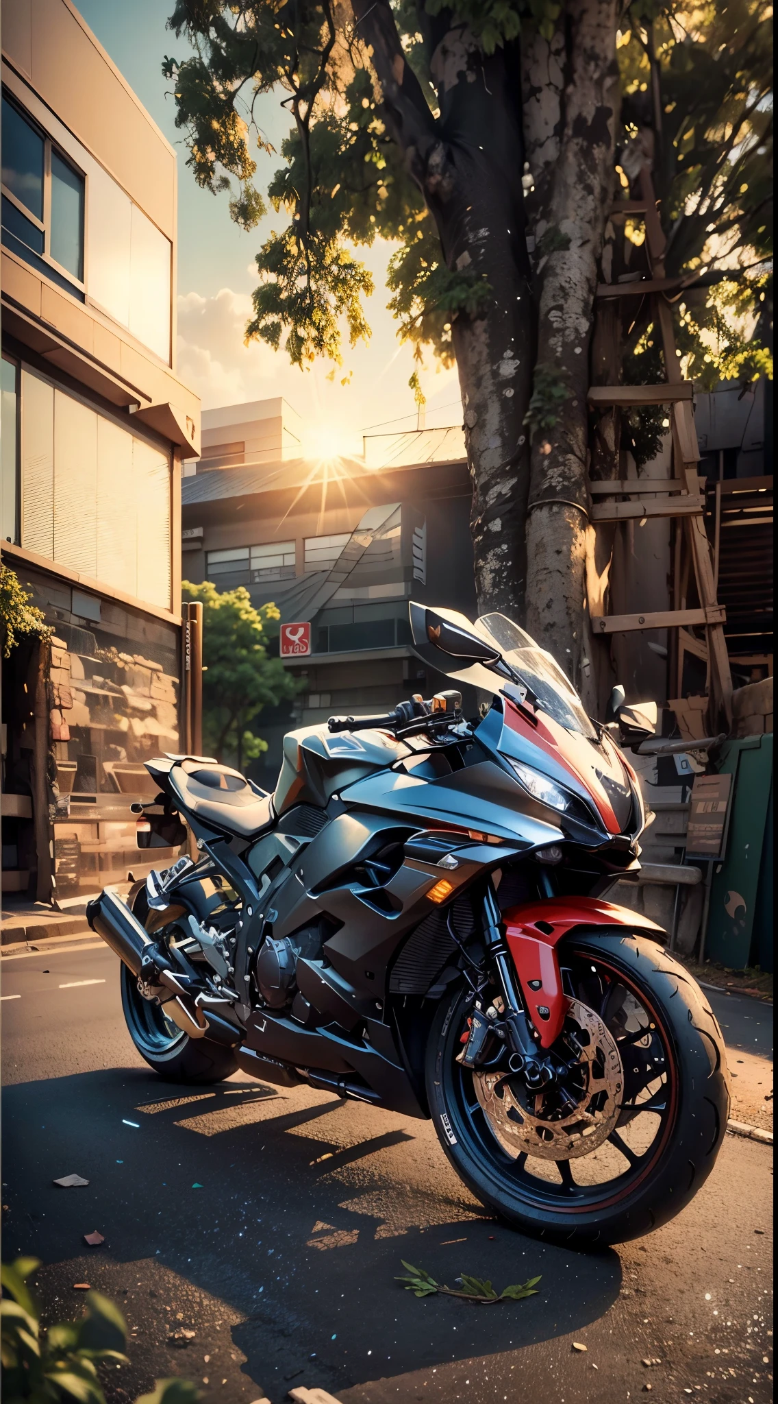 there is a motorcycle parked in front of a building with a tree, r6, front side full, front profile!!!!, front profile, realism artstyle, modern minimalist f 2 0 clean, front side, with backlight, translucent sss, from 8 k matte, front side view, front view dramatic, front profile shot