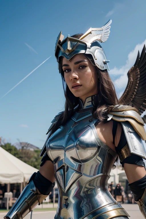 (l1vvydunne:.95), high angle photo of a gorgeous young valkyrie woman in the style of stefan kostic, realistic skin texture,(winged helmet:1.1), (valkyrie armor:1.2), 1 / 2 body crop, 8 5 mm art lens, f 1. 2, sharp focus, 8 k high definition, insanely detailed, intricate, elegant, art by stanley lau and artgerm