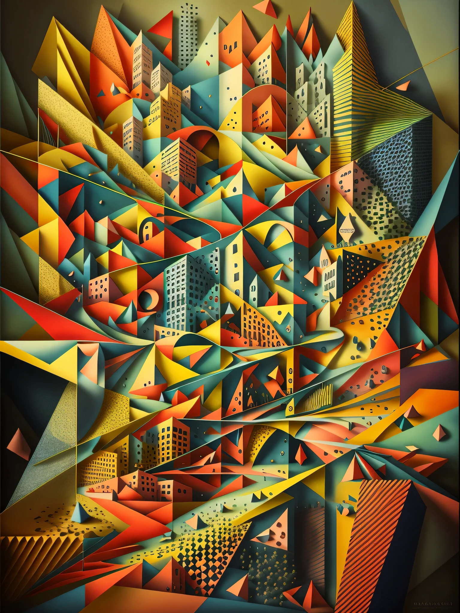 Fragmented Portals
Sharp intersecting planes break apart the space in this fragmented portrait. Strategic blocks of color peek through the cubist shapes like portals into another dimension. The different sized polygons create rhythmic patterns that draw the eye around the composition. The abstract subject almost seems to vibrate and fluctuate within the architectural framework.