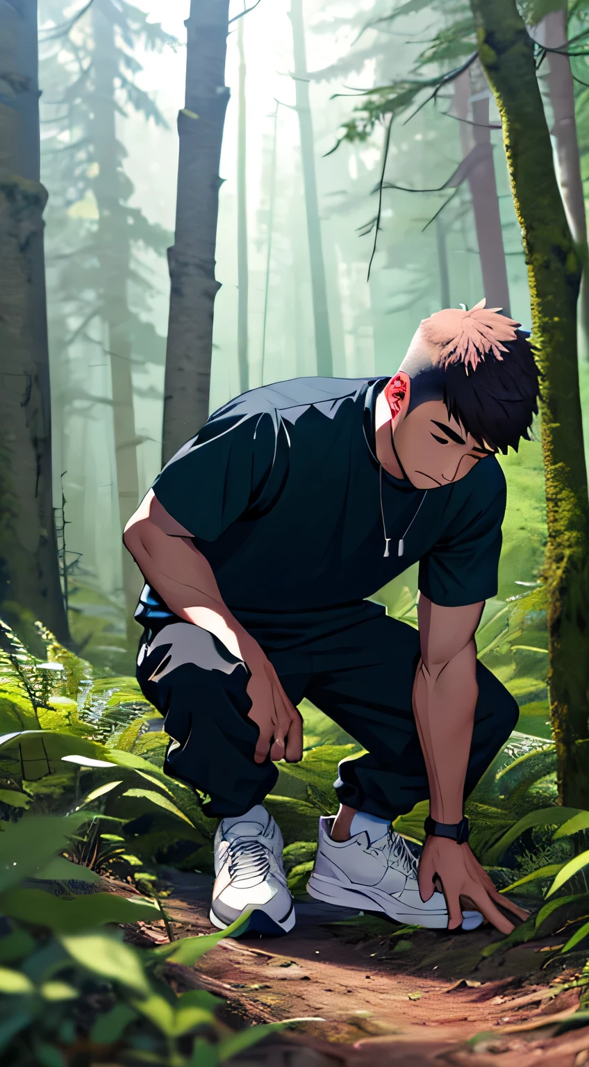 Man bent down wearing sneakers in the forest