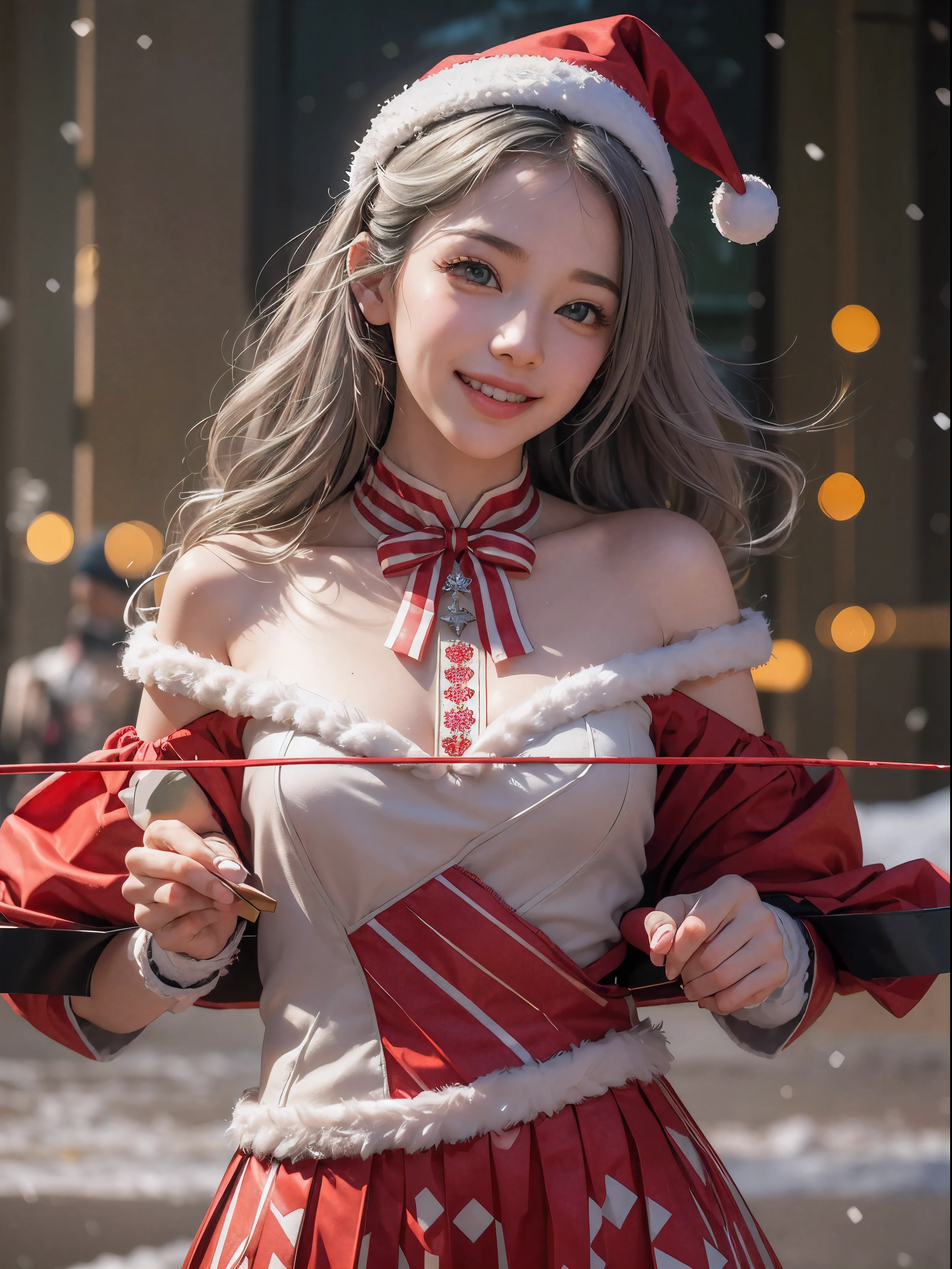 (Realistic:1.8), (Digital art:0.2), (Geometric art:1.7),(agpi official art, beautiful and aesthetic, ultra detailed, beautiful, masterpiece, best quality:1.6), (1girl:1.2), Detailed face, Detailed eyes, Detailed hair, young fingers, Detailed fingers, five fingers, sitting, upper body,
_
BREAK cute ig model, Japanese cute model, 22 years old, Tightened all body, small head, small face, small mouth, diamond Face, small nose, Sharp Faceline, (dropy eyes, Double eyelid, Light color eyes, Glossy eyes, Shiny eyes:1.2), Shiny skin, shiny hair, (gray hair:1.2),
_
BREAK (happy, smile, Teeth, Glossy Lip:1.2),beautiful Teeth, (upper body:1.5), from front,
_
BREAK (Cute Christmas theme:1.2), (fluffy Santa hat with ribbon:1.2), (adorable red and white candy cane-striped off-shoulder top:1.2), (short length green pleated skirt with subtle snowflake patterns:1.2), (festive knee-high socks with small bows:1.2), (festive red and green ankle boots:1.2), BREAK (sparkling snowfall background:1.2), (joyful expression:1.2), (holding a cute gift box with a big bow:1.2), (gentle snow breeze:1.2),