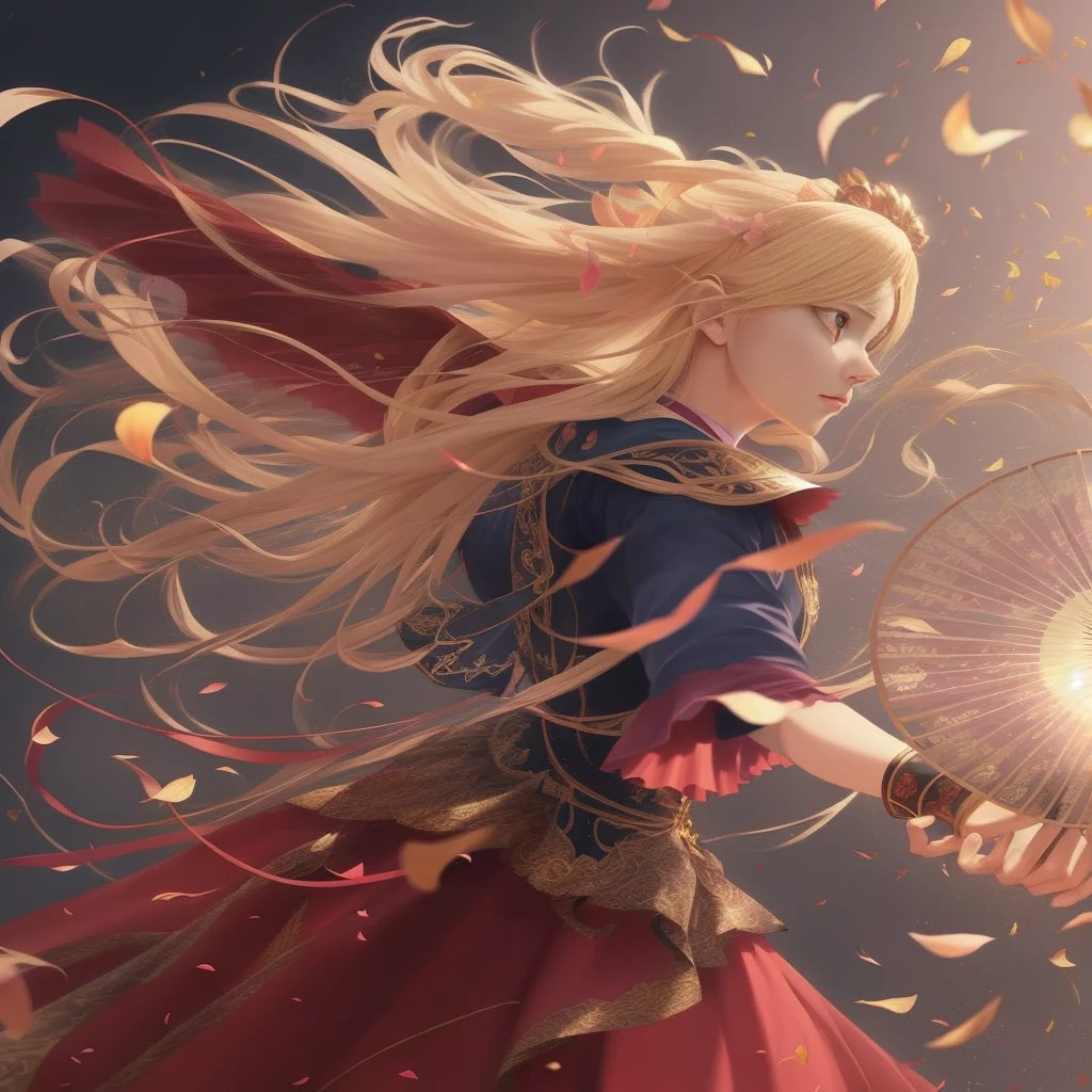 Anime girl with long blond hair holding a fan and making petals fly, Anime art wallpaper 8k, anime art wallpaper 4k, anime art wallpaper 4k, blonde anime girl with long hair, 4k anime wallpaper, beautiful anime artwork, beautiful fantasy anime, anime wallpaper 4k, anime wallpaper 4 k, anime fantasy artwork, beautiful anime art, 4 k manga wallpaper