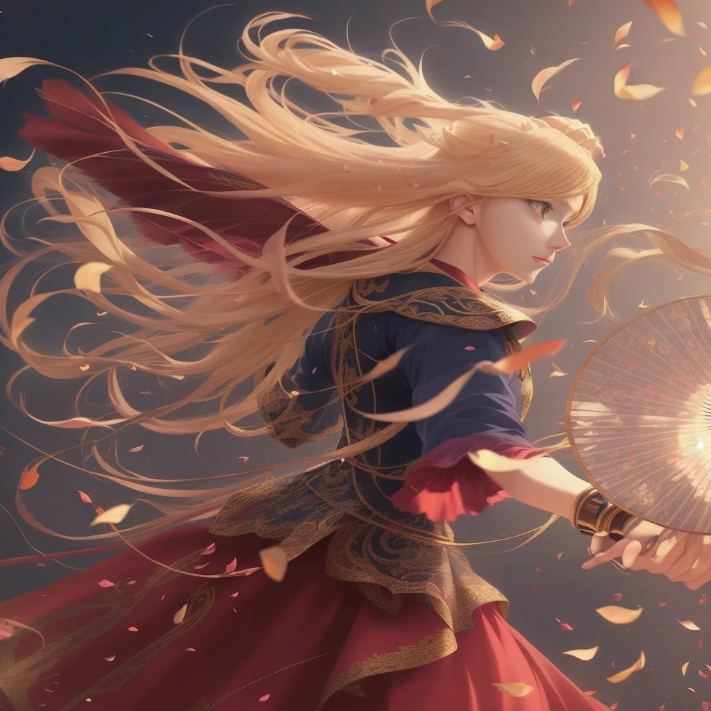 Anime girl with long blond hair holding a fan and making petals fly, Anime art wallpaper 8k, anime art wallpaper 4k, anime art wallpaper 4k, blonde anime girl with long hair, 4k anime wallpaper, beautiful anime artwork, beautiful fantasy anime, anime wallpaper 4k, anime wallpaper 4 k, anime fantasy artwork, beautiful anime art, 4 k manga wallpaper