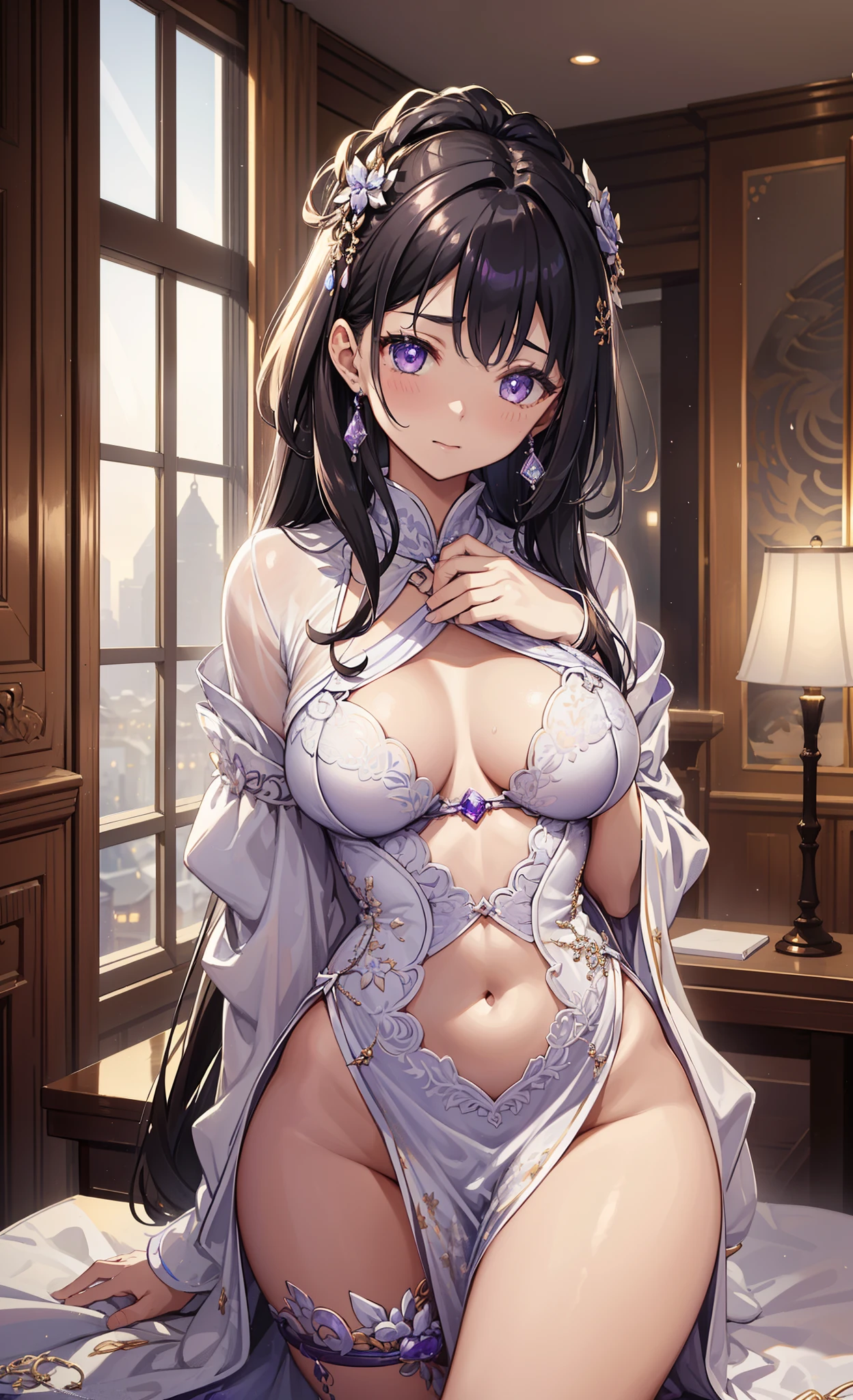 quality、image quality、tmasterpiece、girl ((、best bust、medium chest circumference、obsessed、Sexual suggestiveness、sexual teasing、lacivious pose、Lie flat,silver slightly curly hair、slenderness、Grand canyon、Silver blended transparent Hanfu matching))、high qulity、beautiful art、Background with((luxury hotel、Night view windows)))On a table、visual art、depth of fields、Diamonds adorn clothes,Sparkling,Full body lesbian,Lilac gem-like pupils