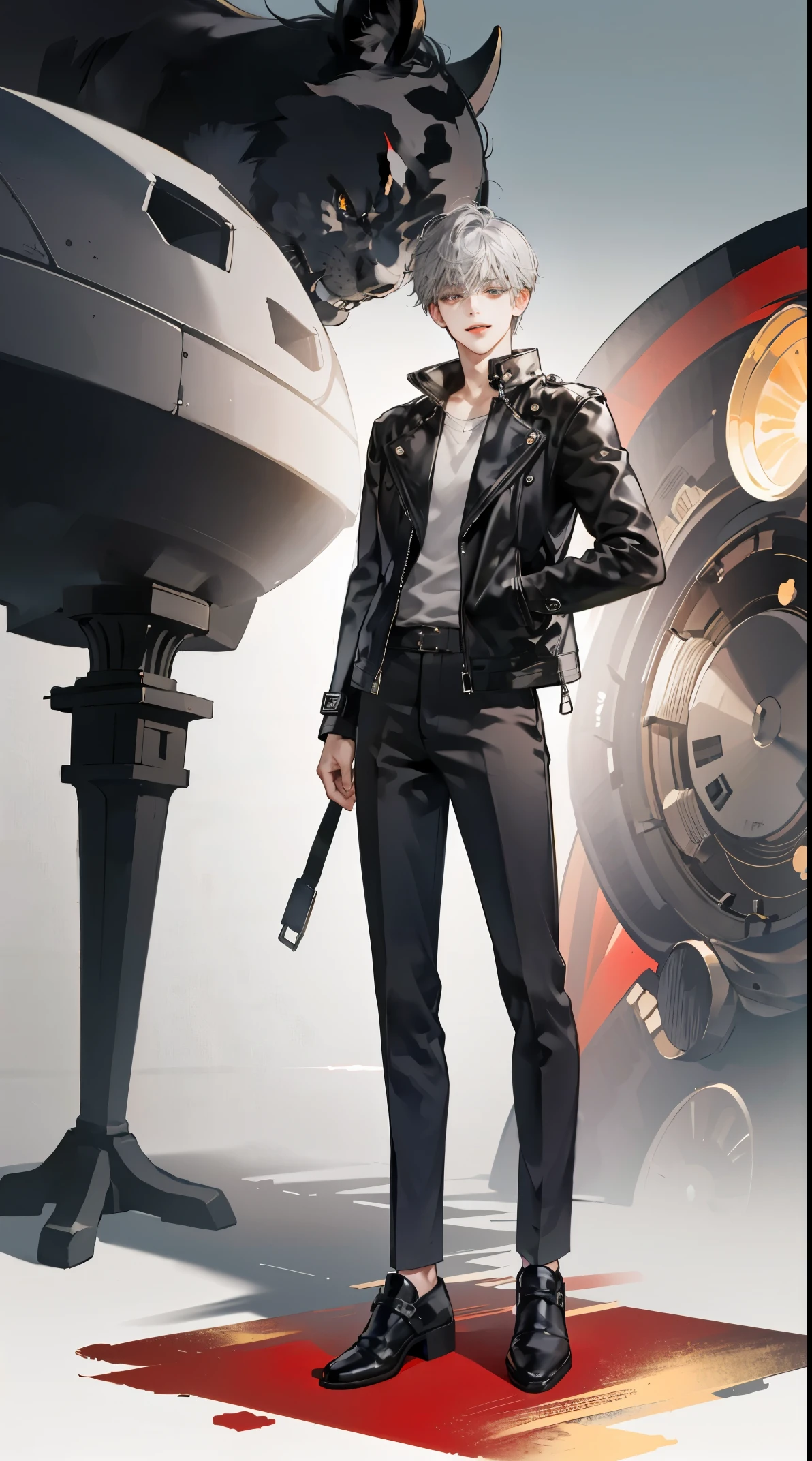 (absurderes, hight resolution, ultra-detailliert), (((One Boy:1.3)),(Full body),Handsome,30 years old man, man,(Grey Hair,short-haired,My bangs were wavy),tall, finely detailed eyes and detailed face,pale skin, Golden Eyes,eye line, (masculine),smokeing, slightly muscular,((Black leather jacket)),Psychopath smile.to stand