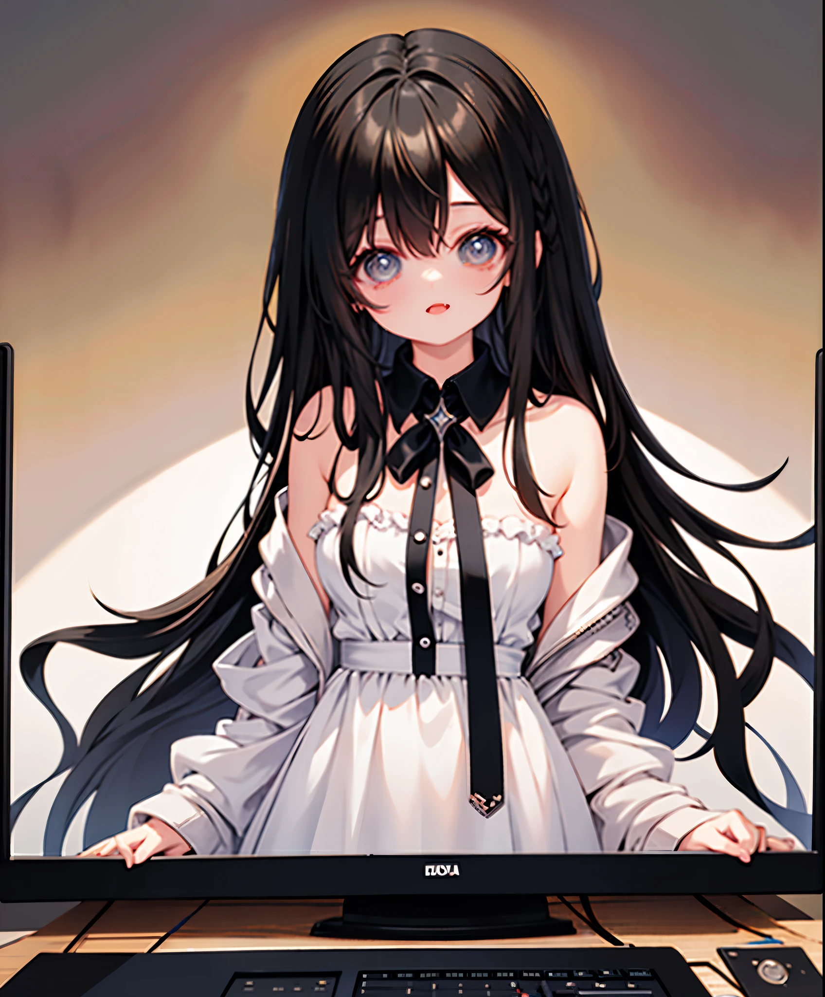 masterpiece, best quality, high quality, ultra detailed, 1girl, solo,
through screen, monitor, white strapless dress, tongue out, hair over one eye, white dress, torn clothes, long hair, black hair, very long hair,