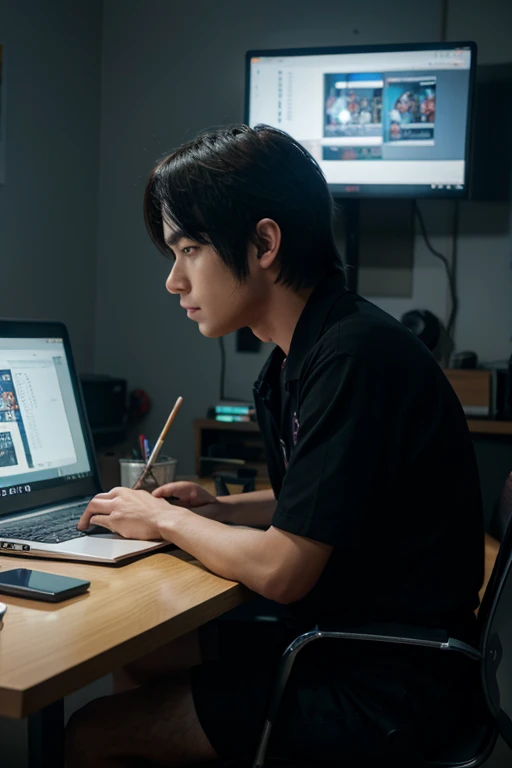 anime guy sitting at a desk with a laptop and a monitor, anime style 4 k, 4k anime wallpaper, badass anime 8 k, 4 k manga wallpaper, young anime man, anime boy, anime wallpaper 4 k, anime wallpaper 4k, high quality anime artstyle, anime moe artstyle, anime art wallpaper 8 k, anime art wallpaper 4 k, RGB lighting,