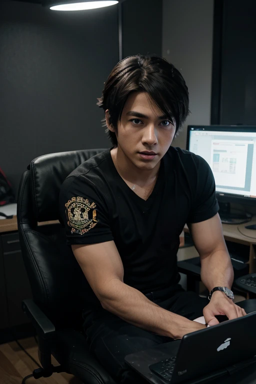 anime guy sitting at a desk with a laptop and a monitor, anime style 4 k, 4k anime wallpaper, badass anime 8 k, 4 k manga wallpaper, young anime man, anime boy, anime wallpaper 4 k, anime wallpaper 4k, high quality anime artstyle, anime moe artstyle, anime art wallpaper 8 k, anime art wallpaper 4 k, RGB lighting,
