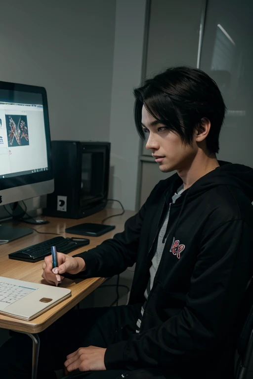 anime guy sitting at a desk with a laptop and a monitor, anime style 4 k, 4k anime wallpaper, badass anime 8 k, 4 k manga wallpaper, young anime man, anime boy, anime wallpaper 4 k, anime wallpaper 4k, high quality anime artstyle, anime moe artstyle, anime art wallpaper 8 k, anime art wallpaper 4 k, RGB lighting,