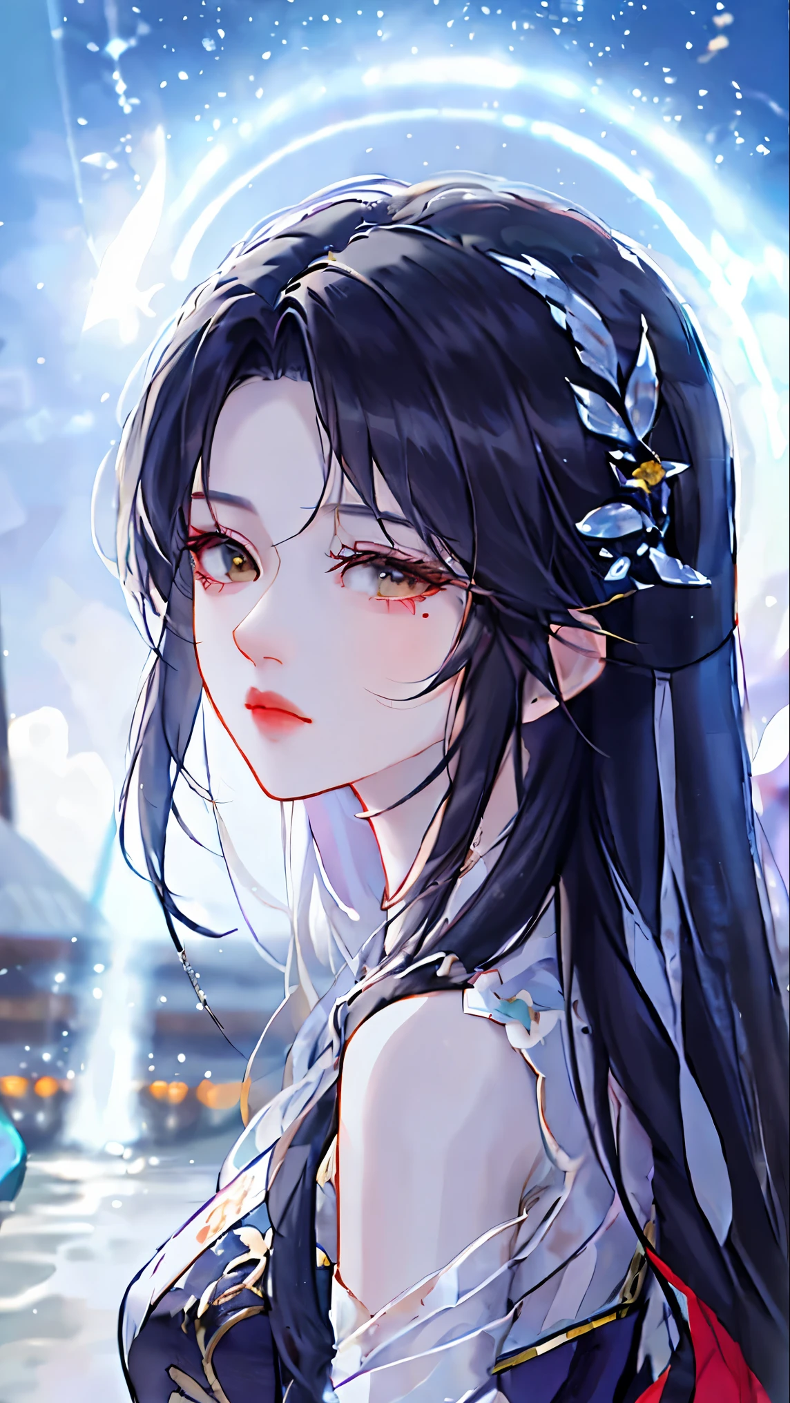 heroes'A masterpiece in the style of ancient Wei Zi,Close-up of a woman with black hair,Red dress,mistic,Antique rhyme,Exquisite epic character art,Presenting stunning aesthetics and antique atmosphere,The delicate brushstrokes and depth of field in the picture make you immersed in the scene,rays of moonlight,natta,Liu Yifei,