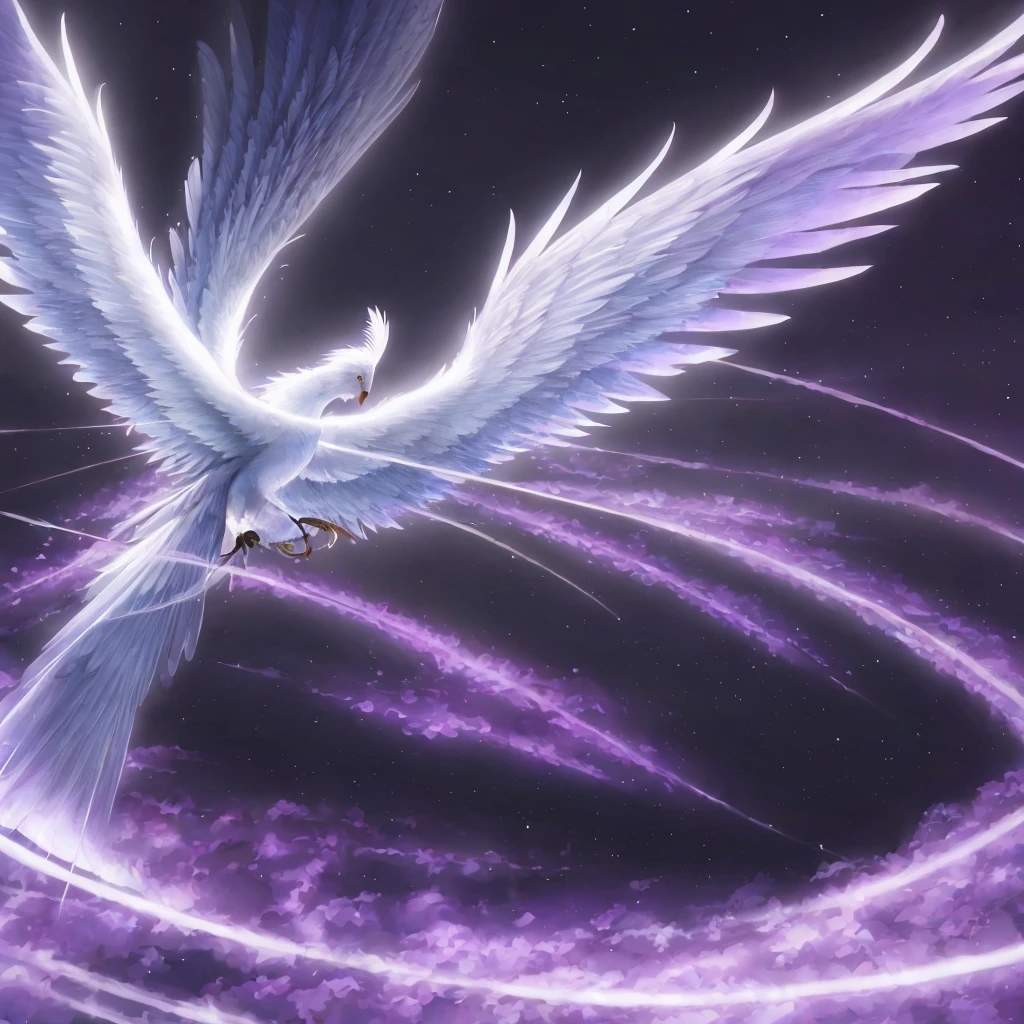 Purple and white angel wings flying in the dark sky, ''wallpaper of a phoenix resting, ''wallpaper of a phoenix, artwork of a phoenix, wispy gigantic wings, ethereal anime, Ophanim has bird feathers, huge feather wings, ethereal wings, daytime ethereal anime, Infinite Angel Wings, big white glowing wings, feather wings, akasuki voidstar