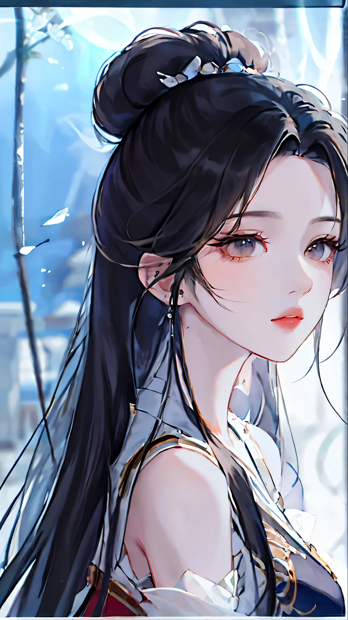 heroes'A masterpiece in the style of ancient Wei Zi,Close-up of a woman with black hair,Red dress,mistic,Antique rhyme,Exquisite epic character art,Presenting stunning aesthetics and antique atmosphere,The delicate brushstrokes and depth of field in the picture make you immersed in the scene,rays of moonlight,natta,Liu Yifei,blueglow,