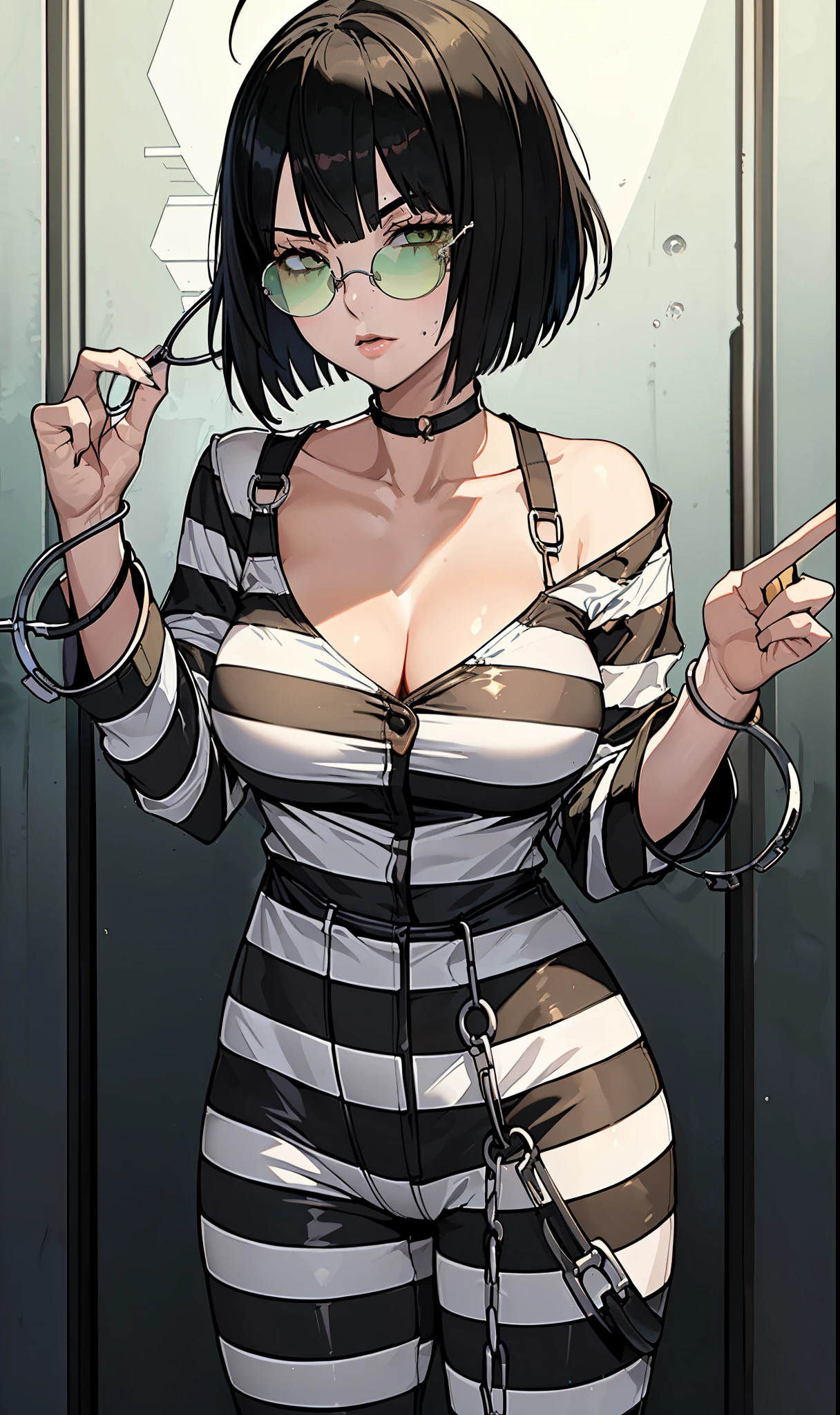 masterpiece:1.3), ((best quality:1.3), I-no, 1girl, tinted eyewear, breasts, short hair, black hair, solo, choker, mole above mouth, sunglasses, large breasts, ((priclothes)), ((striped clothes)), prisoner, shirt, pants, (long sleeves), upper body, shackles, black and white stripes, ((jumpsuit))