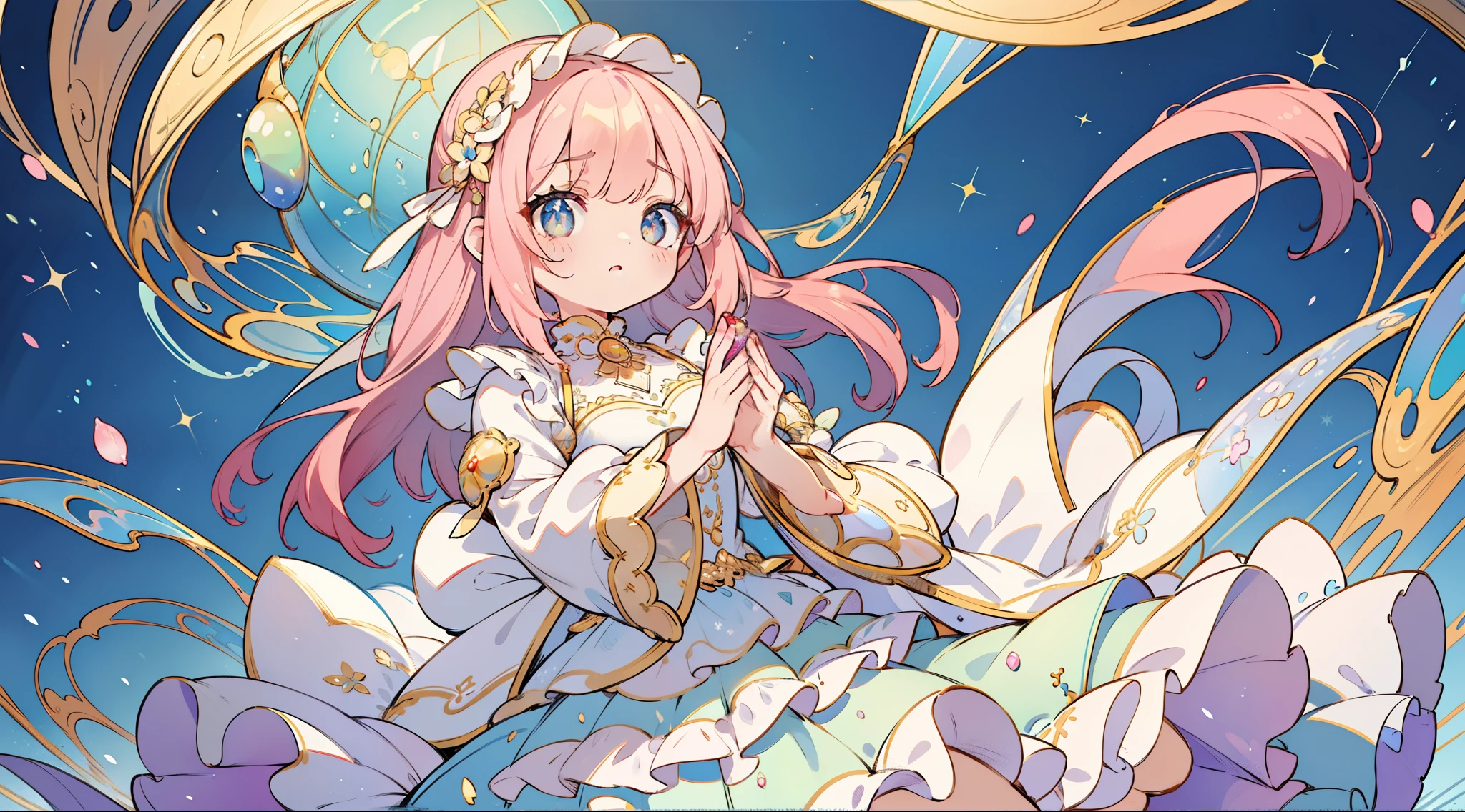 masterpiece, best quality, 8k resolution, sharp focus, intricate detail, beautiful girl, sparkling eyes, golden ratio face, otherworldly liquid, watercolor, pastel colors, bright colors, whimsical, colorful, sharp focus, high resolution, fine detail, ((layered tiered puffy long sleeves ballgown)), ((round eyes)), iridescent bubbles, fantasia background