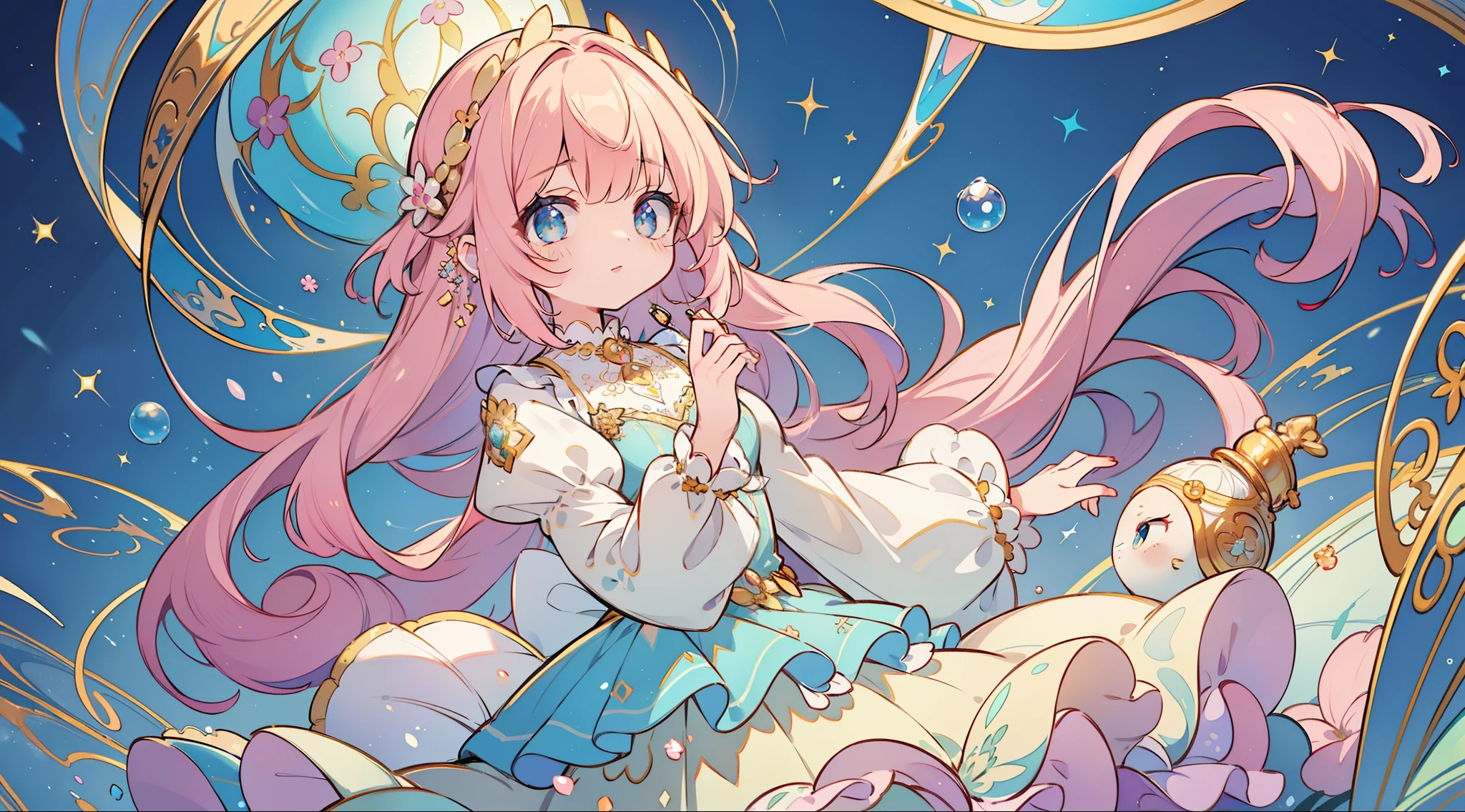 masterpiece, best quality, 8k resolution, sharp focus, intricate detail, beautiful girl, sparkling eyes, golden ratio face, otherworldly liquid, watercolor, pastel colors, bright colors, whimsical, colorful, sharp focus, high resolution, fine detail, ((layered tiered puffy long sleeves ballgown)), ((round eyes)), iridescent bubbles, fantasia background