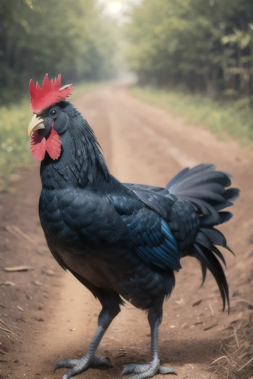 realistic photo of a black and white solo rooster with a red comb and wattle, in a African village setting