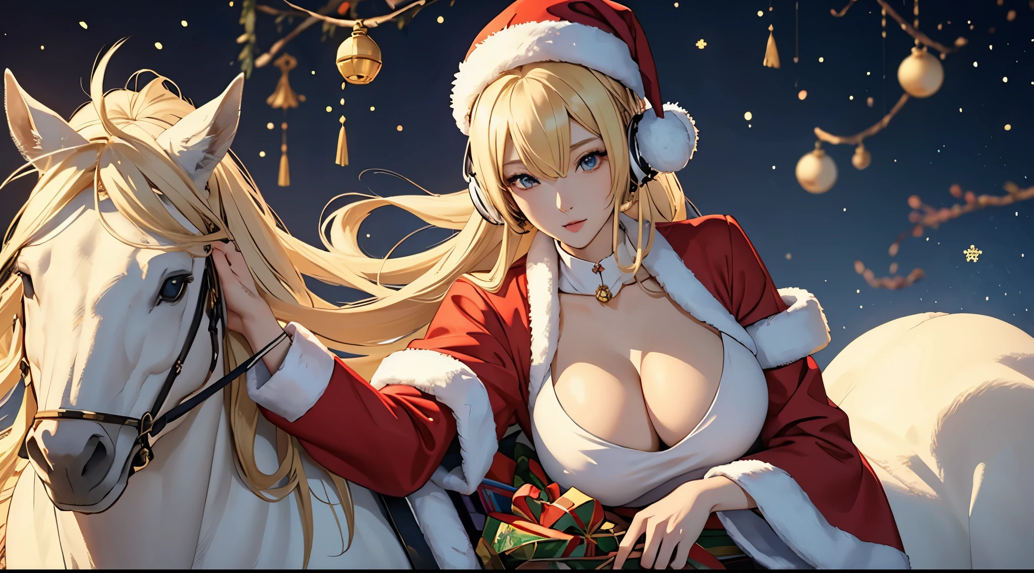 Masterpiece, best quality, White headphone, blonde, korean woman, tall, slender, beautiful face, detailed face, detailed fingers, show full height, anime pastel, cleavage, Santa outfit, riding on sleigh, throwing out presents