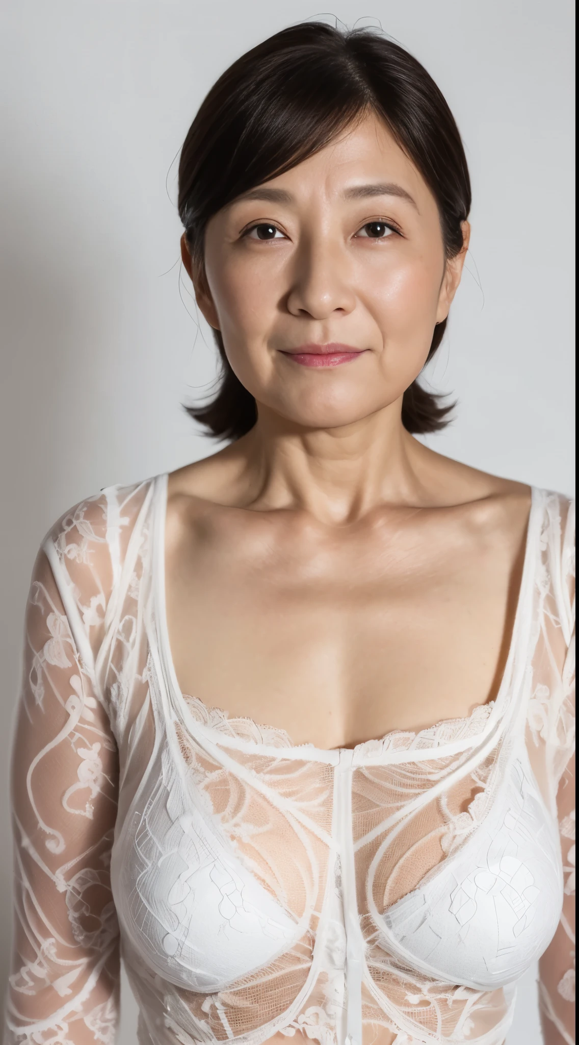 (((Solo))), Elderly Mature Woman, Pure white background, gravure, facing front, ((Center the screen)), Wearing a small bra, Correctly depict lips,red-lips, Fancy makeup, from the chest up, masuter piece, Best Quality, Ultra-detailed, Photorealistic, Ultra-detailed細なスキン, Perfect Anatomy, (1 japanese mature woman), (Positive), 95 years old, Tremendous big, elderly fashion model, glamor, A sexy, Chromo-white skin, Looking at Viewer,