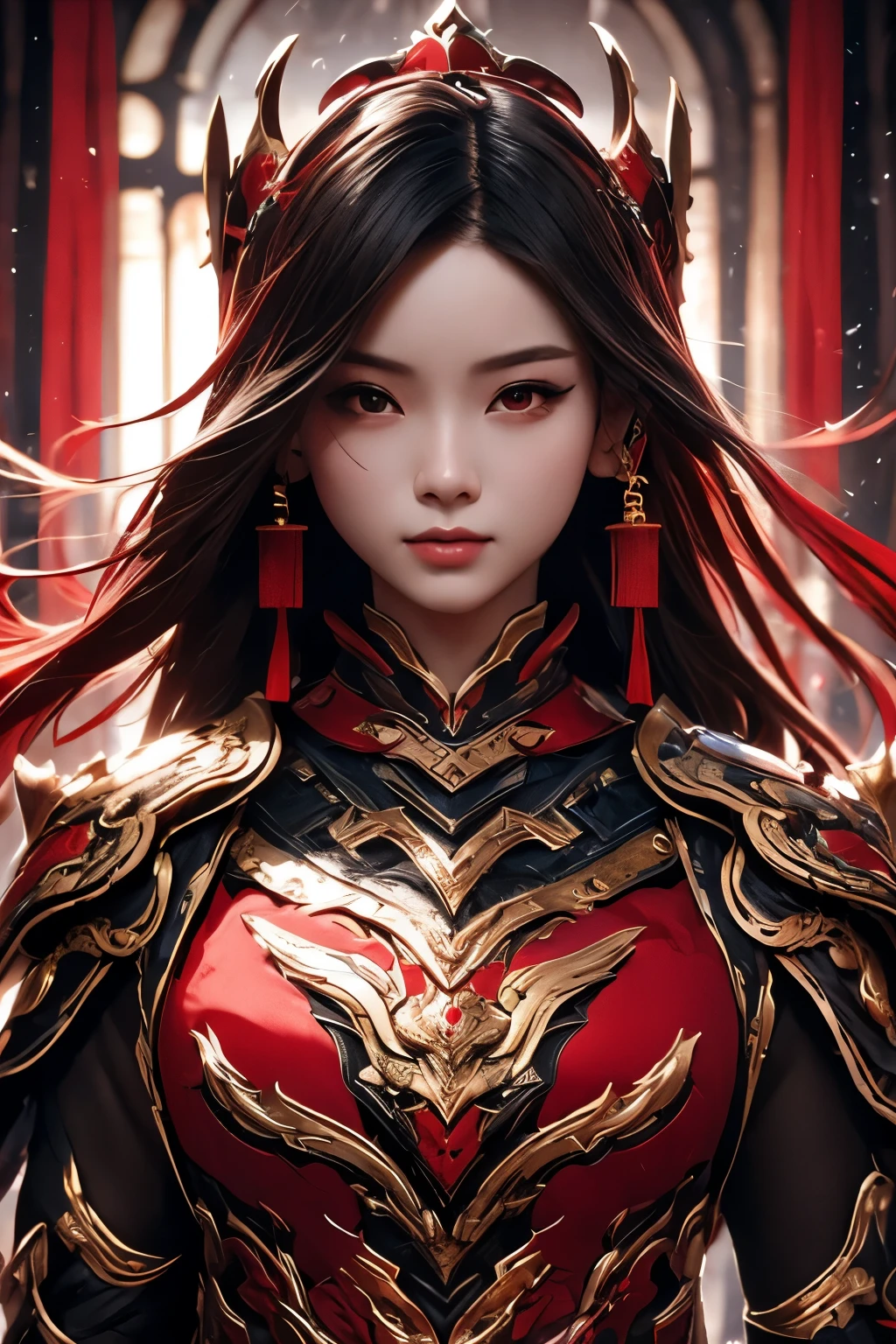 masterpiece, highest quality, (solo focus), (perfect face:1.1), (high detail:1.1),dramatic, ( A a chinese girl is wearing ebonheart dark red battle armor ),