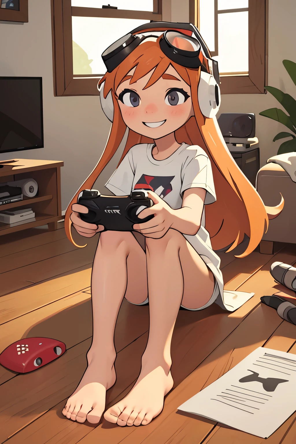 masterpiece, best quality, meggy, headphones, goggles on head, white shirt, white panties, barefoot, no shoes, perfect feet, full body, smile, sitting in living room playing video games