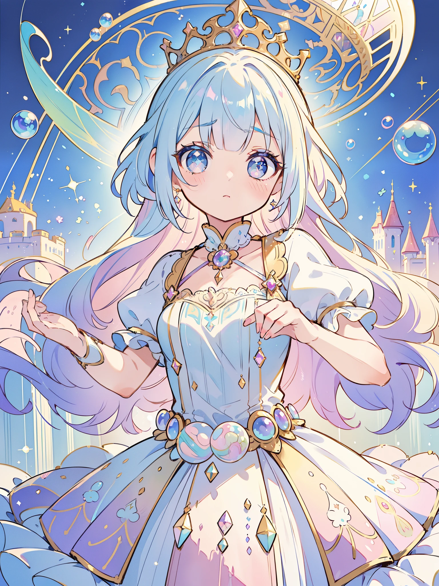 masterpiece, best quality, 8k resolution, sharp focus, intricate detail, beautiful girl, sparkling eyes, golden ratio face, otherworldly liquid, watercolor, ((pastel colorright colors, whimsical, colorful, sharp focus, high resolution, fine detail, princess fantasy ballgown, ((round eyes)), iridescent bubbles, castle landscape in background