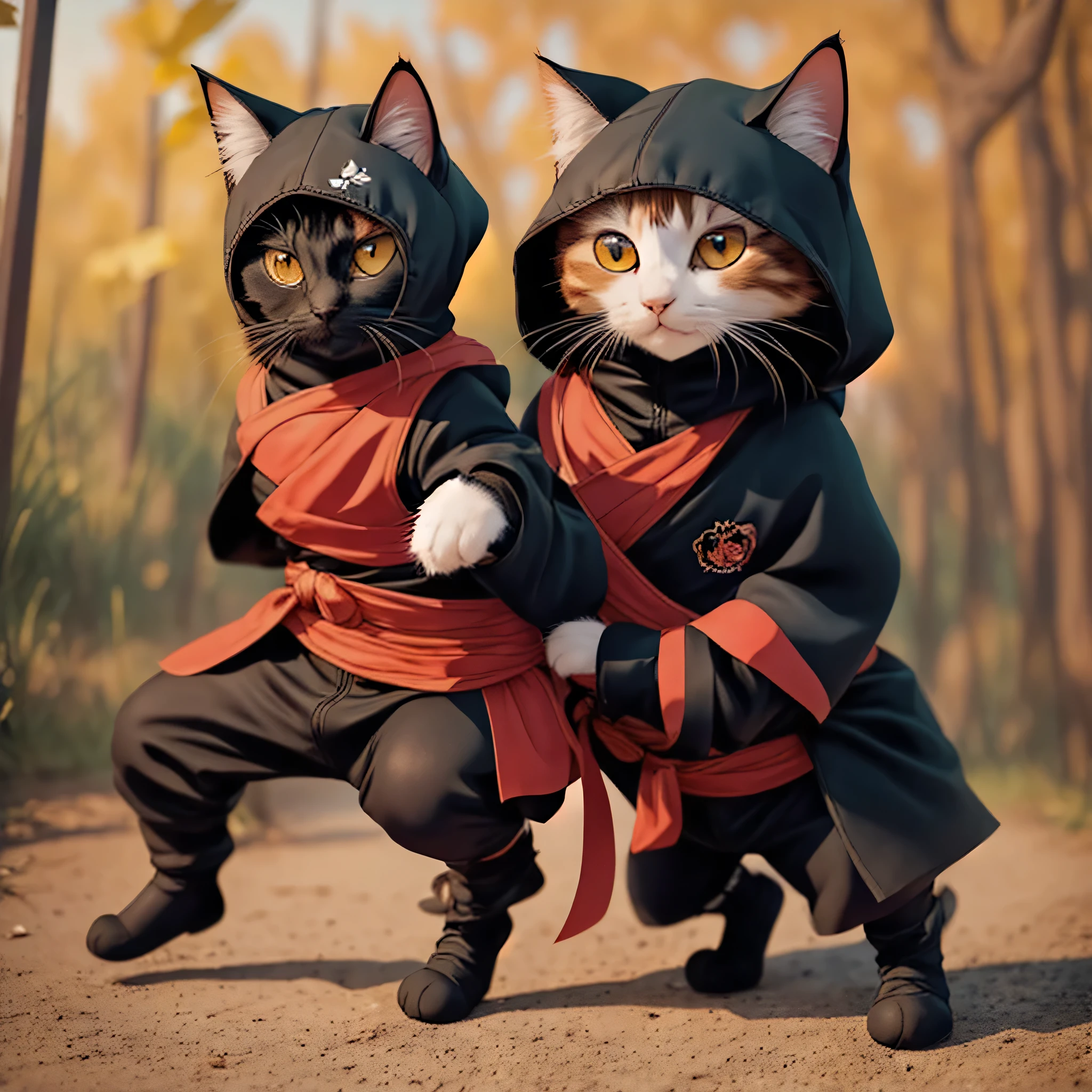 Anime - Cat style with black and red costume and black hood, anthropomorphic cat ninja, ninja cat, cute detailed digital art, Adorable Digital Painting, Assassin' Cat, Cute digital art, Samurai Cat, anime cat, cute 3d render, fighting game character, in a fighting stance, world boss kitten, Inspired by Myaoff, Cat Warrior