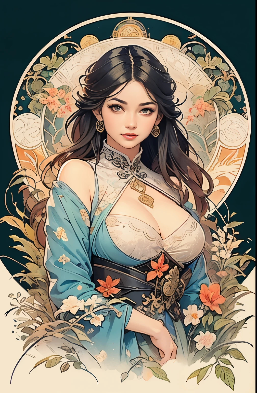 ((masterpiece)), (best quality), (cinematic),  art nouveau style watercolor painting , the Chinese Goddess of 千里眼, large breasts, big eyes, long thick eyelashes, cleavage, full lips, dark red eyes, long thick hair,  high ponytail, accessories, flower_background, featuring intricate designs and patterns in the style of Alphonse Mucha.