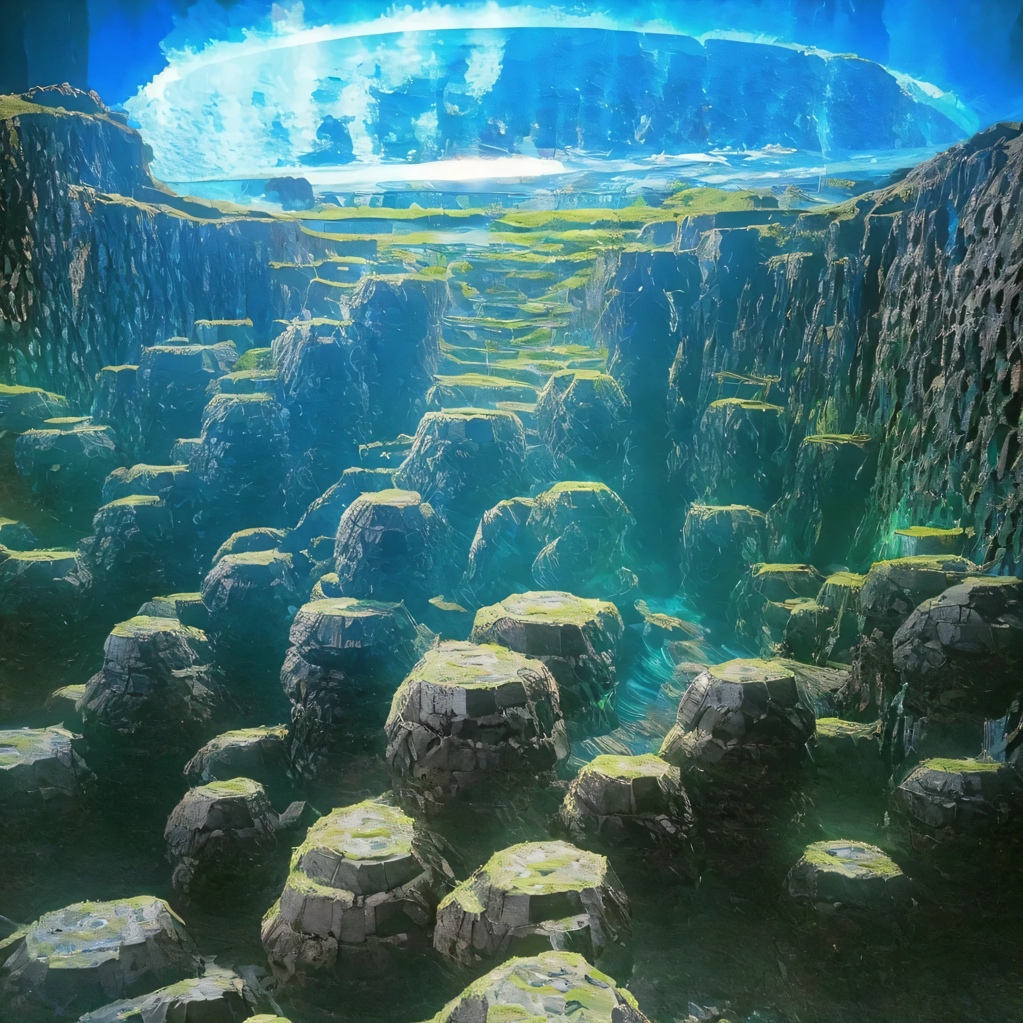 Alien Hexagonal Base (very detailed nipples) In a hexagonal mountain oasis,There are several hexagonal exhaust fans and chimneys, some neon lights projecting from the base,Light up the dark night), There are some clouds in the night sky, Some surrounding planets provide air to unknown planets,The most remote giant hexagonal volcano erupts,the rainforest
