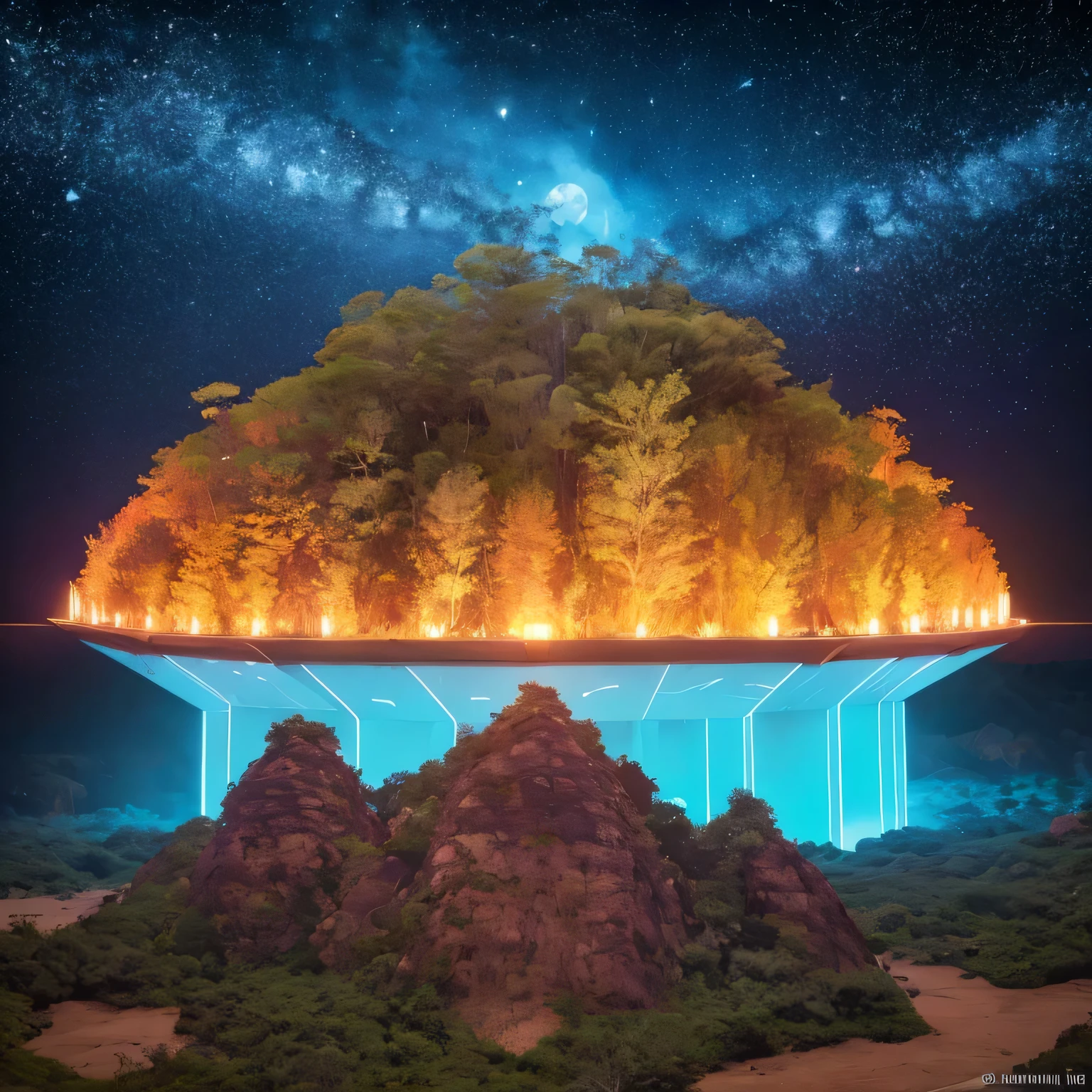Alien Hexagonal Base (very detailed nipples) In a hexagonal mountain oasis,There are several hexagonal exhaust fans and chimneys, some neon lights projecting from the base,Light up the dark night), There are some clouds in the night sky, Some surrounding planets provide air to unknown planets,The most remote giant hexagonal volcano erupts,the rainforest