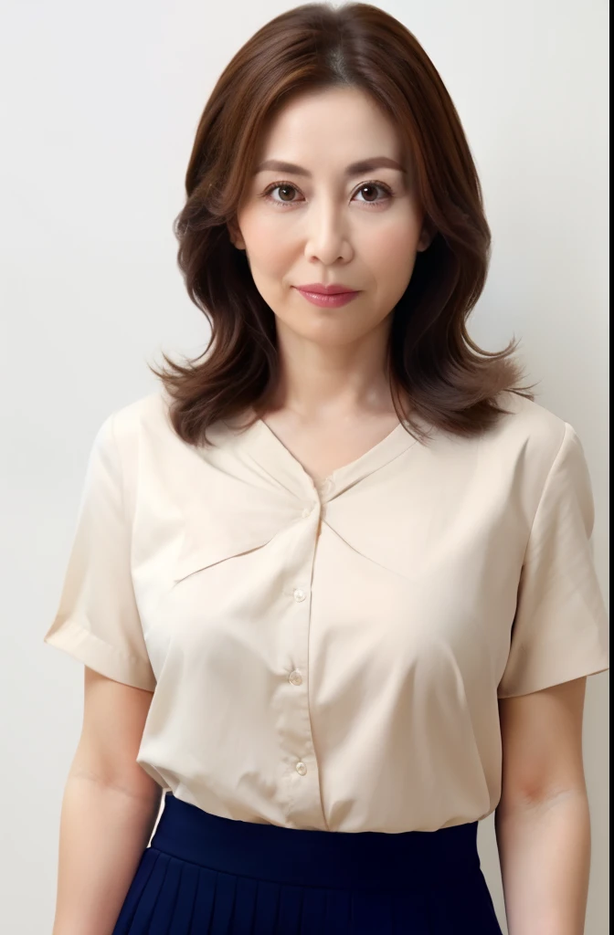 masuter piece, top-quality, masterpiece, hight resolution, Photorealsitic, sharp, Raw photography, 8k wallpaper, flawless, profetional lighting, ighly detailed, depth of fields,Pale solid color background, ((one beautiful women, japanese mature)), (20yr old)), Female sexy, Detailed face, beautidful eyes, bangss, small breasts of good shape, Light Brown Straight Hair, Faint lips, ((standing at front、Staring at the viewer, serious face eyes.)), Sweaters, skirt by the, fully body photo, cowboy shot