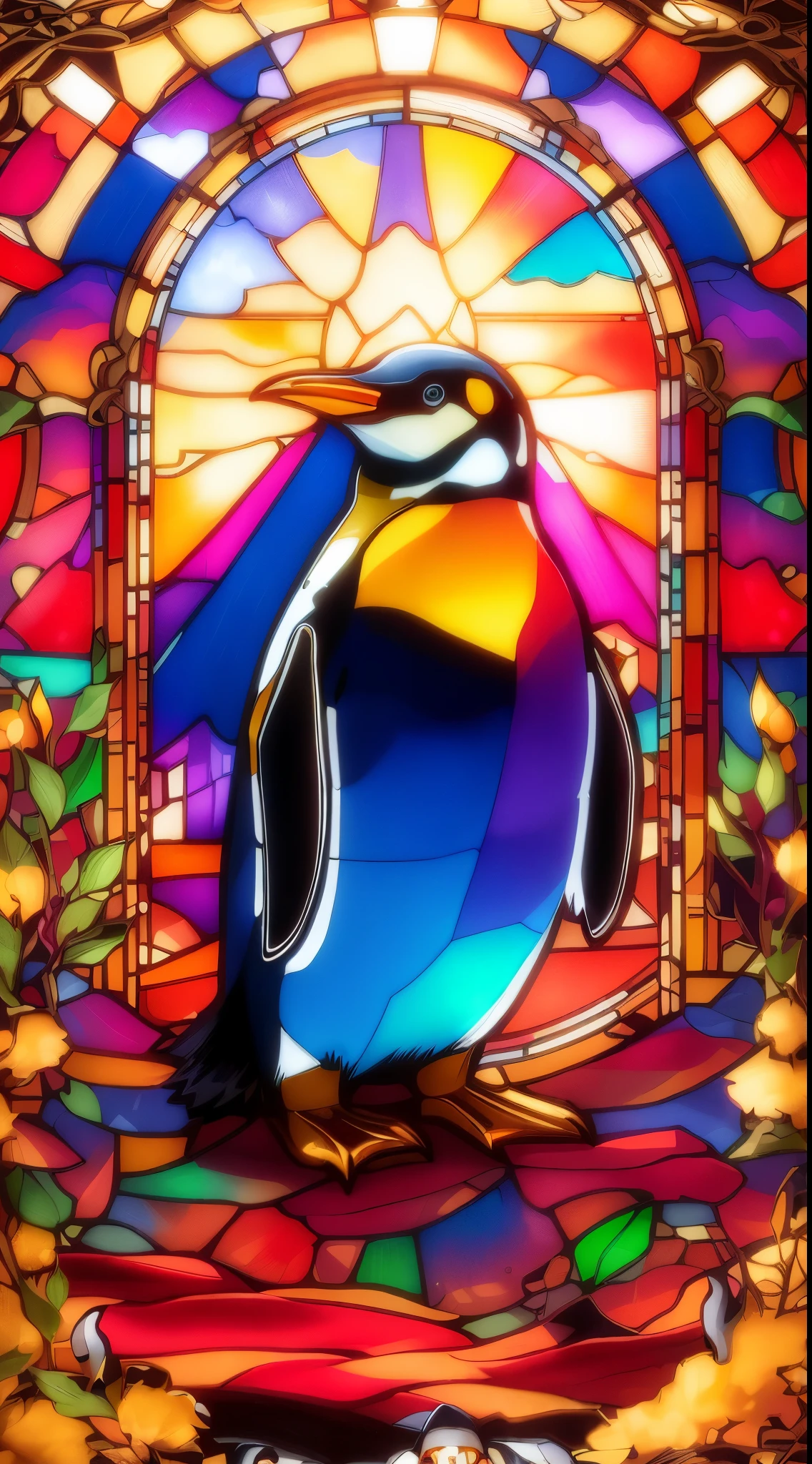 a close up of a stain glass window with a penguin on it, stain glass art, golden twilight stain glass, stain glass background, glowing stain glass backdrop, stain glass style, stain glass, anthropomorphic penguin, stain glass window, stain glass, intricate stain glass, masterpiece stain glass, maxim verehin stain glass, penguin, backlit stain glass