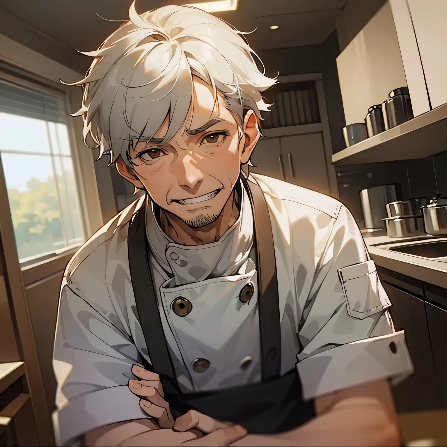 Holding hands, Diagonal angle, ​masterpiece、hightquality、Like a cartoon in Japan、(60 year old man with short white hair and brown eyes:1.5)、BREAK He is wearing a white chef&#39;S uniform.、BREAK (Alone:1.5)、grinning evily, (Only the upper body is shown.:1.3)、Kitchen background、Bold composition