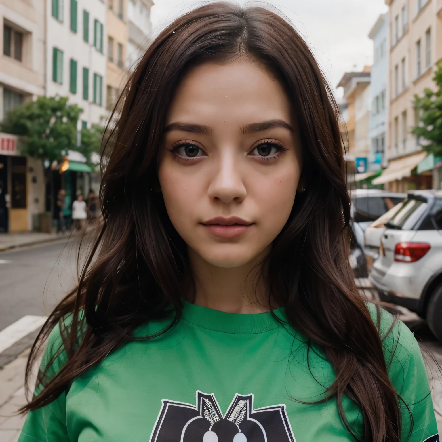 un primer plano de una mujer con cabello largo que llevaba un top verde y negro, dilraba dilmurat, con impresionantes ojos verdes, Emmy Rossum, Imagen filtrada, Sha Xi, sombreado inmaculado, Lleva una camiseta negra sin mangas, Nuevo, with brown hair, she is facing the camera, sydney sweeney, Ilya Kuvshinov con cabello largo