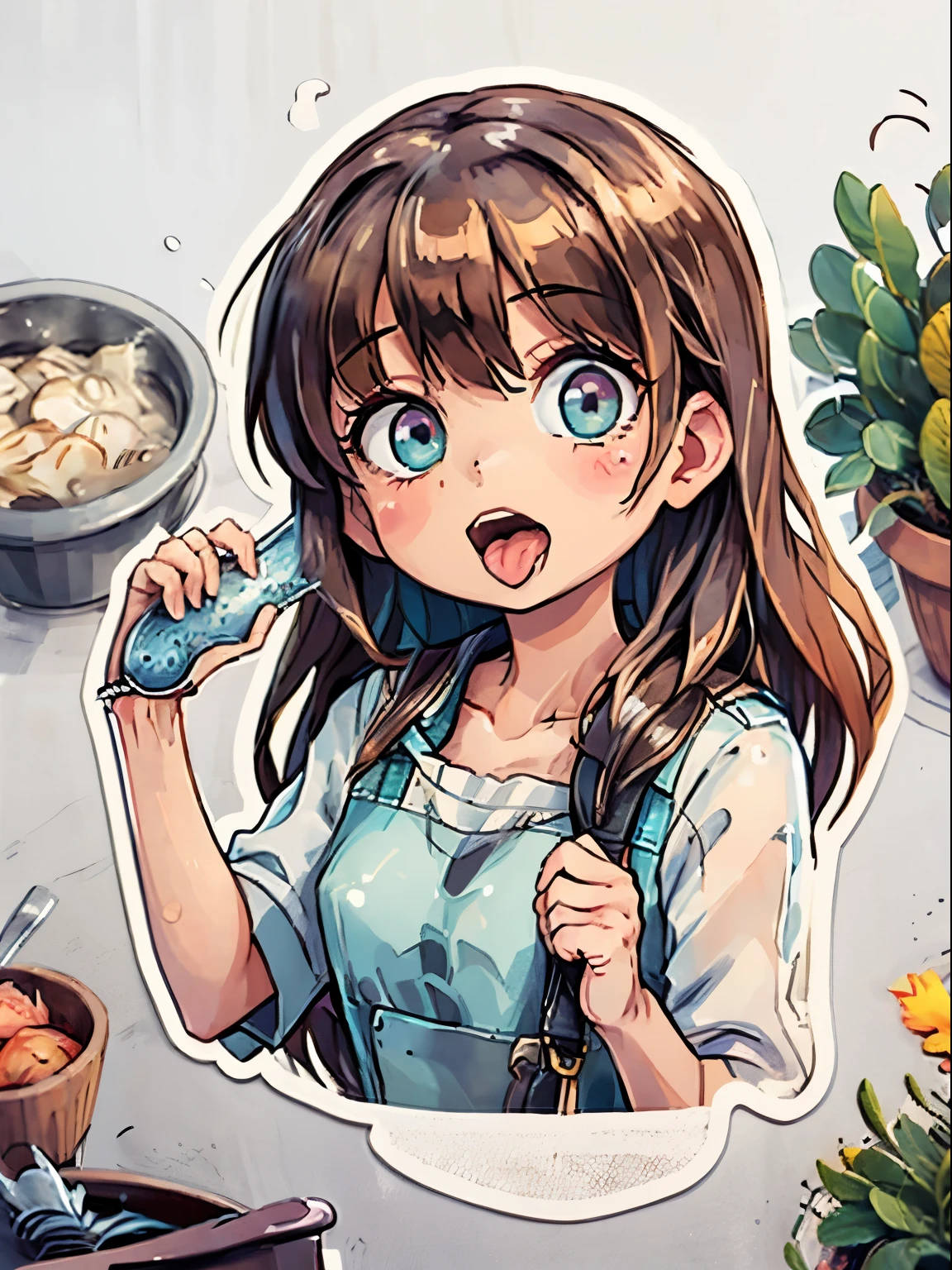 animesque、a sticker、Close-up of the mouth、1beautiful girl、tchibi、I mainly draw the mouth、super close up of mouth、tongue、long tongue、sticking out the tongue、Show the inside of the mouth、Open your mouth wide and show me your throat、teak、lip stick、fish-eye lens、