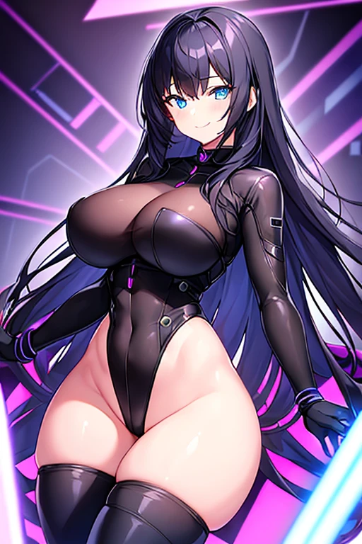 1girl, black hair, long hair, blue eyes, smile, breasts, large breasts, thick thighs, wide hips, bodysuit, black bodysuit, leotard, black thoghhighs, purple trim, neon trim, futuristic, science-fiction, purple neon trim