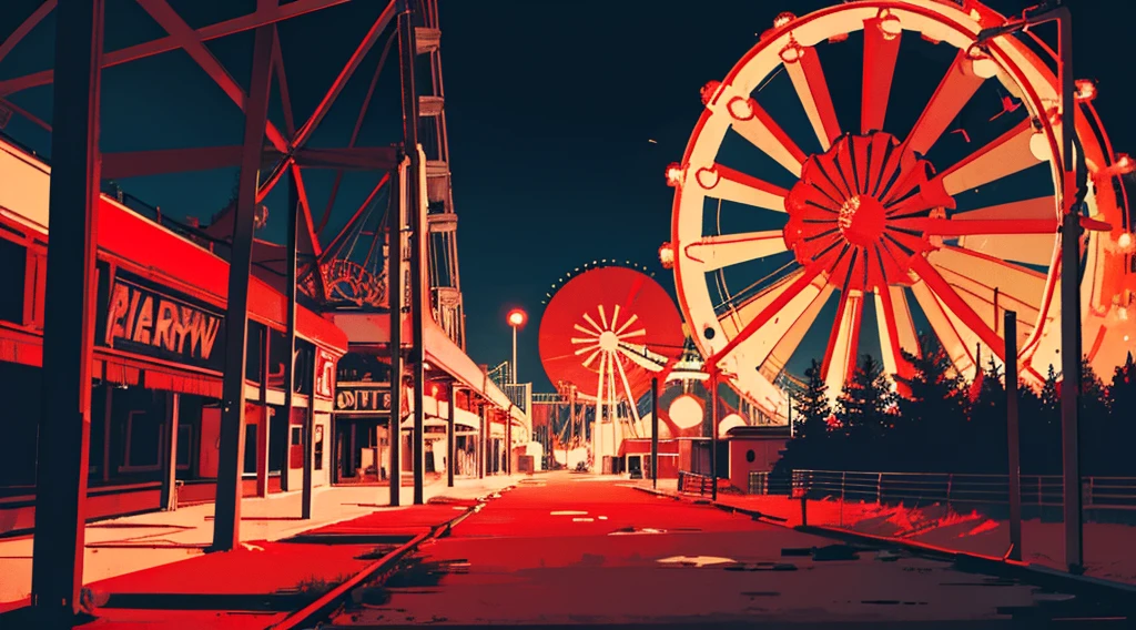 (abandoned amusement park, late night, red moon), (low contrast, flat color, limited palette)