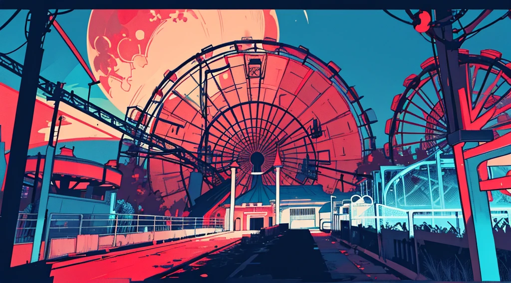 (abandoned amusement park, late night, red moon), (low contrast, flat color, limited palette)