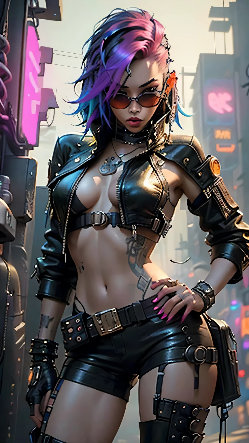 Beautiful woman:1.2),(colored hair:1.2),(leather clothes and sexy poses:1.3),(sassy poses), (long breasts:1.1),( cyberpunk style:1.3),(realistic:1.1),(detailed:1.1)