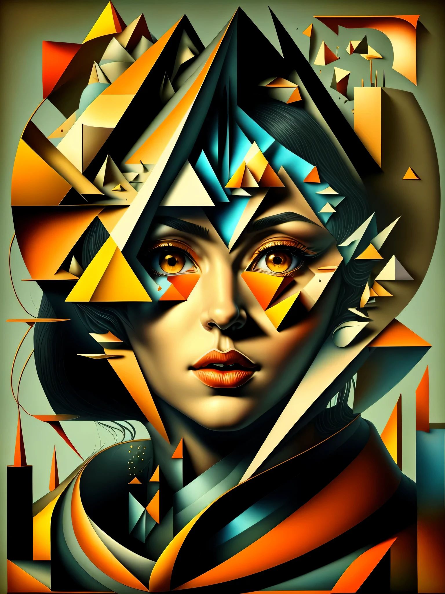 Fractured Visage
This abstract portrait fractures the face into a myriad of geometric shapes. The sharp planes slice the visage into triangles, rectangles and parallelograms that overlap in a disjointed symmetry. One eye peeks out from an angled shard while the hint of a nose is visible through a trapezoidal window. The mouth is formed by two intersecting planes, red and orange that convey a sense of warmth. As the polygons overlap, they capture and reflect light across the face, creating an illusory glow and depth. The precisely arranged fractured planes suggest a crystalline, kaleidoscopic vision of the portrait from multiple dimensions simultaneously. The subject's face becomes a prism, refracting their likeness through the complex geometry of cubist abstraction.