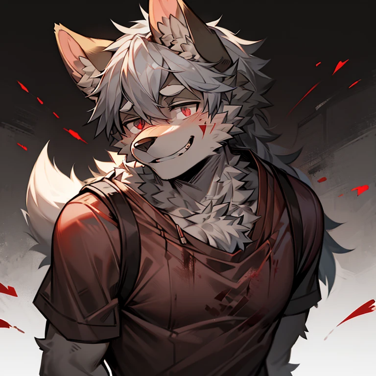 terroral，blood vess，blood on body，The corners of his mouth were stained with blood，solo person，White body，White ears，White hair，White fur，Overall white，Orange-yellow eyes，Wolf tail，Wolf orcs，Wolf paws，Young，Wear a jacket，Ultra-clear screen，Soft lines