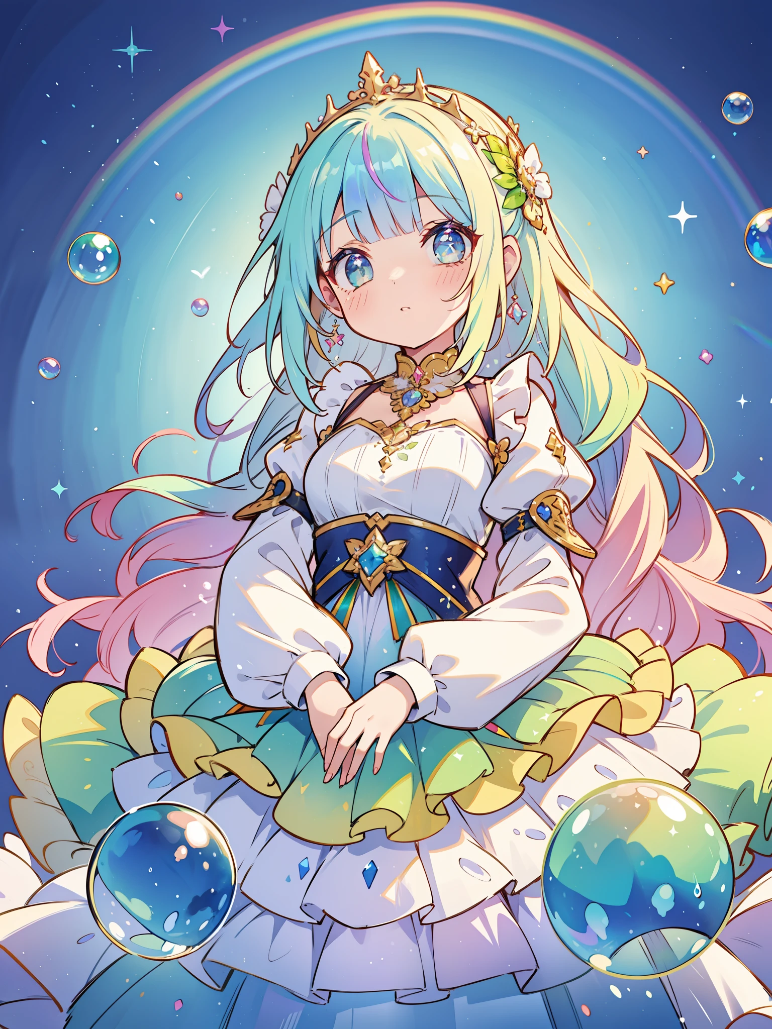 masterpiece, best quality, intricate details, beautiful girl, sparkling eyes, otherworldly liquid fantasia background, watercolor, bright vibrant colors, whimsical, colorful, layered tiered puffy long sleeve ballgown, ((iridescent rainbow bubbles))