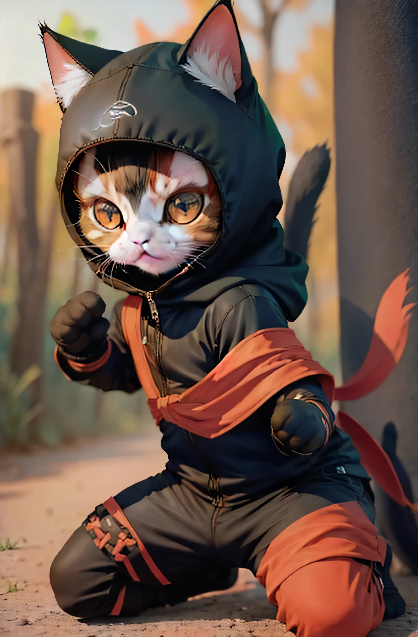 Anime - Cat style with black and red costume and black hood, anthropomorphic cat ninja, ninja cat, cute detailed digital art, Adorable Digital Painting, Assassin' Cat, Cute digital art, Samurai Cat, anime cat, cute 3d render, fighting game character, in a fighting stance, world boss kitten, Inspired by Myaoff, Cat Warrior