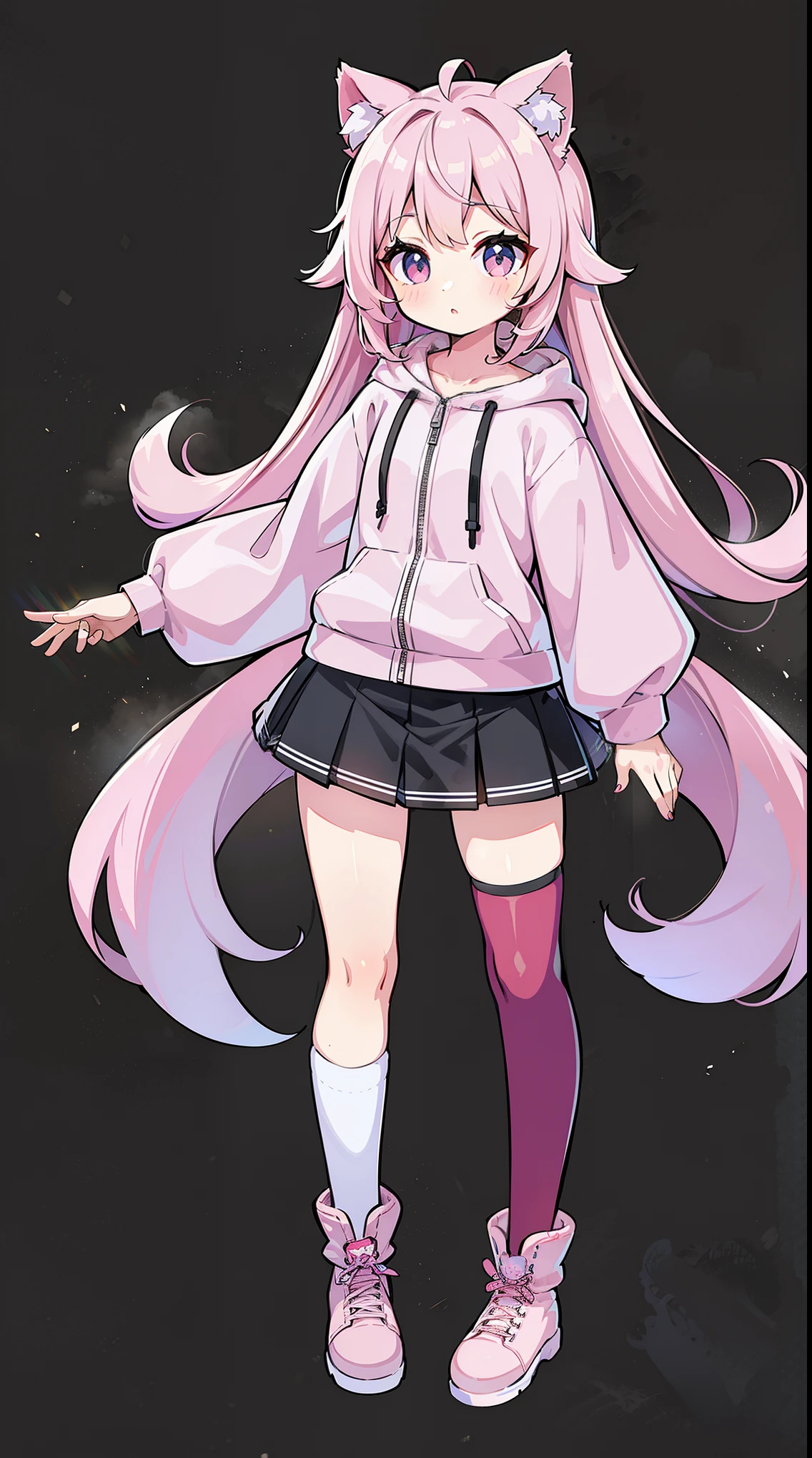 Cute girl with cat ears, Japanese anime style, Moe style, whole body (shown from head to toe), alone, standing, authentic and highly detailed body, petite, girl, young, 10 years old, long Hair, bangs, pink hair, authentic and highly detailed face, authentic and highly detailed beautiful eyes, authentic and highly detailed arms and hands, authentic and highly detailed human hands (fingers) 5 pieces), a stunningly beautiful girl, delicate and beautiful pink cat eyes, real skin texture, pink hoodie, miniskirt, and authentic and highly detailed pink striped knee-high socks. (length above the thigh), authentic and highly detailed knee-high long boots (length above the thigh)