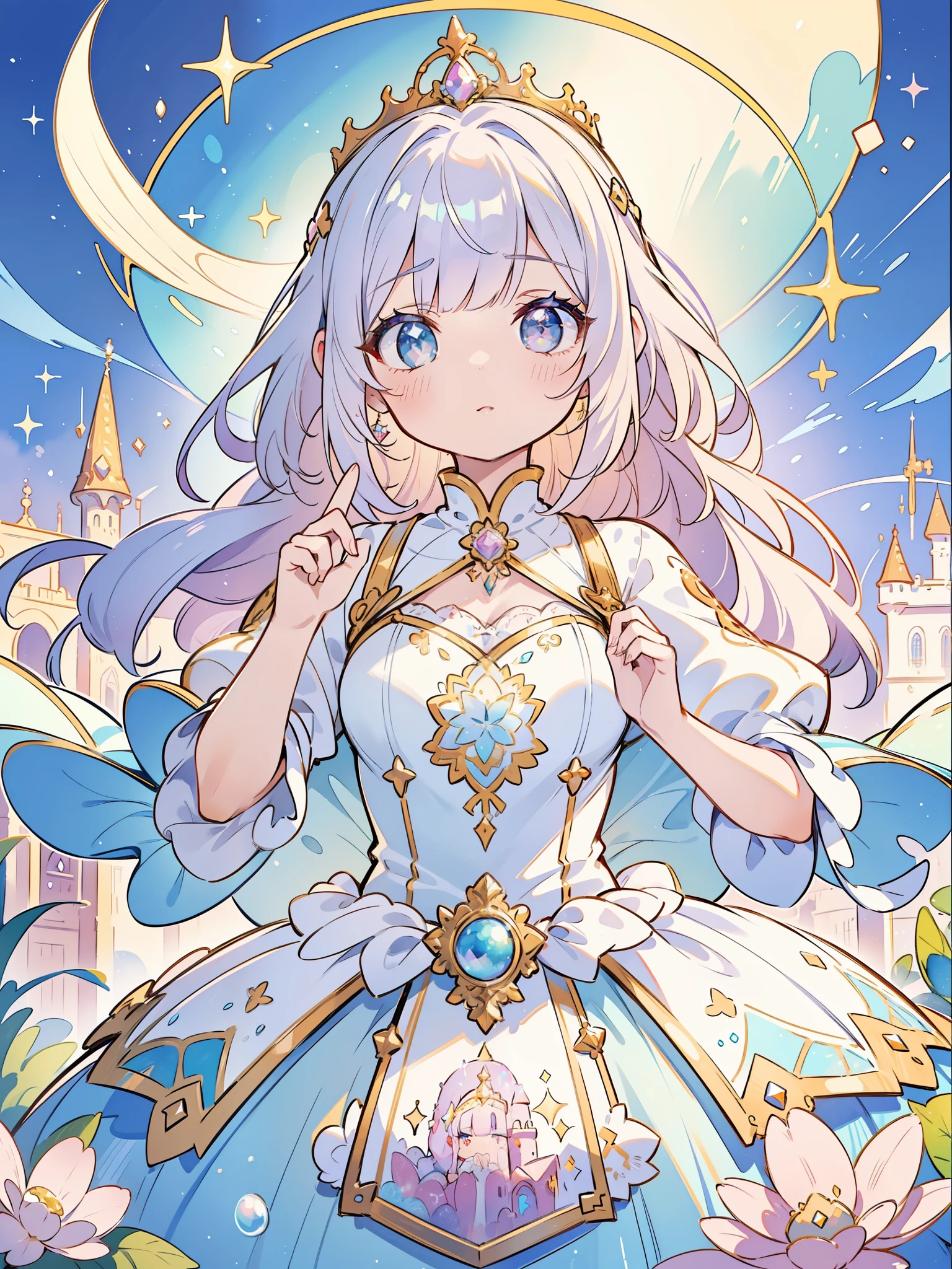masterpiece, best quality, 8k resolution, sharp focus, intricate detail, beautiful girl, sparkling eyes, golden ratio face, otherworldly liquid, watercolor, ((pastel color)), bright colors, whimsical, colorful, sharp focus, high resolution, fine detail, princess fantasy ballgown, ((round eyes)), iridescent bubbles, castle landscape in background